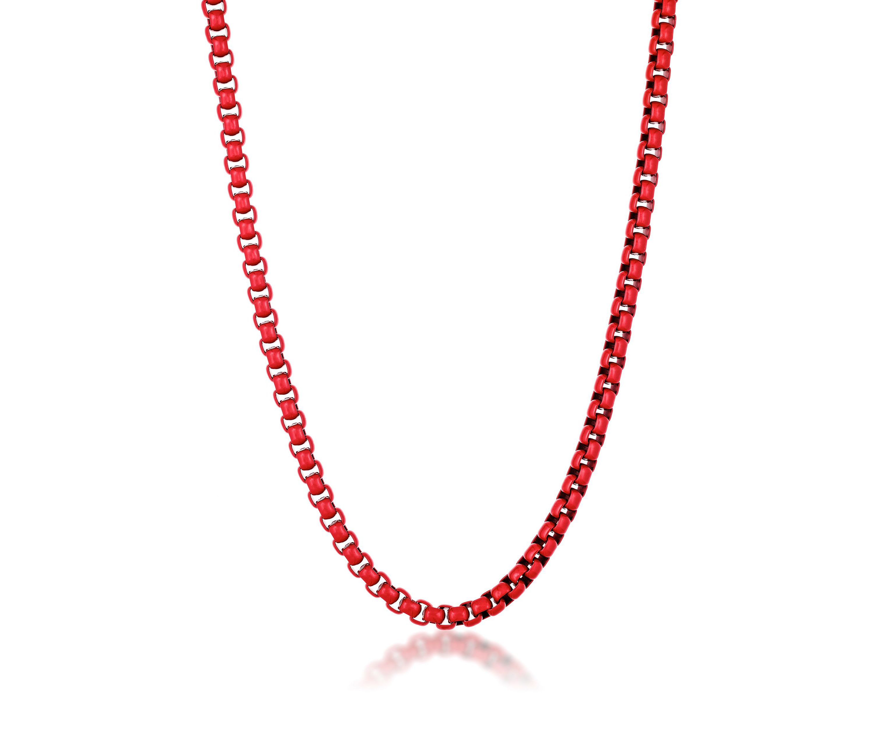 Stainless Steel 6MM Round Box Chain Necklace with Red Acrylic Coating, 22" Length