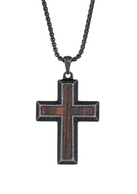 Belk & Co Men's Stainless Steel Antique Finish Cross Pendant with Wood and 24 Inch Chain, Black
