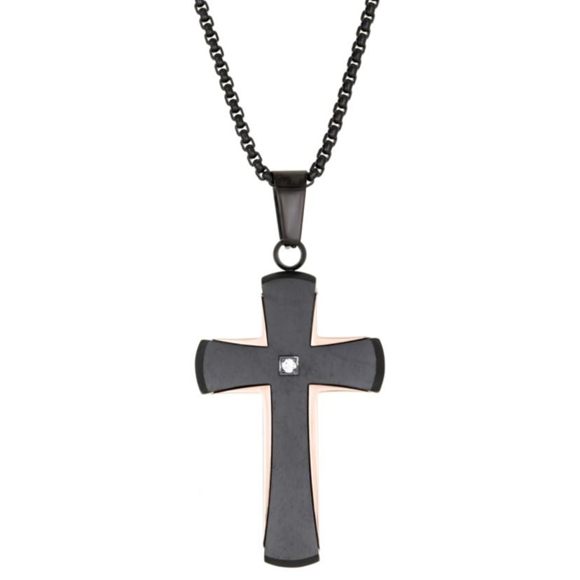 Stainless Steel Cubic Zirconia Cross Pendant Necklace