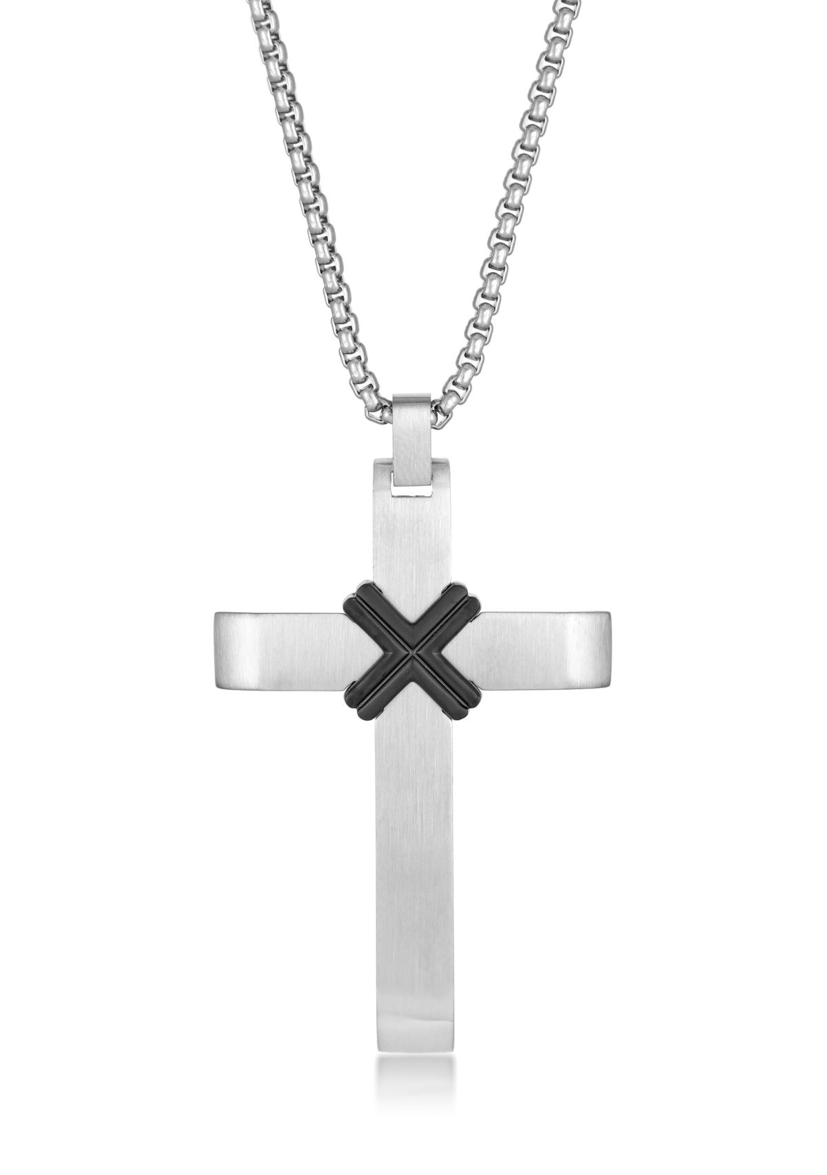 Stainless Steel Cross Pendant With Black Ip And 24" Round Box Chain