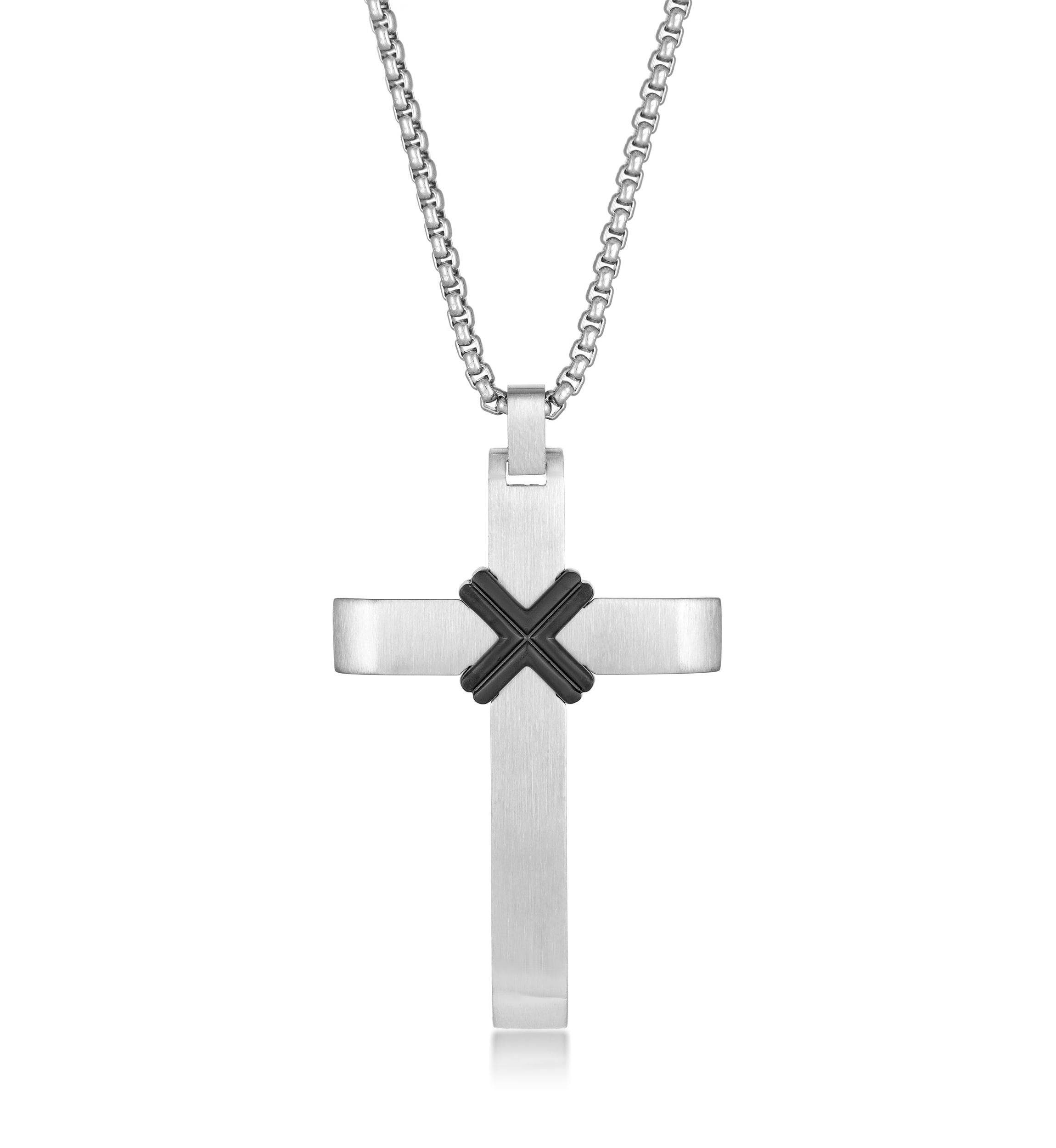 Stainless Steel Cross Pendant With Black Ip And 24" Round Box Chain