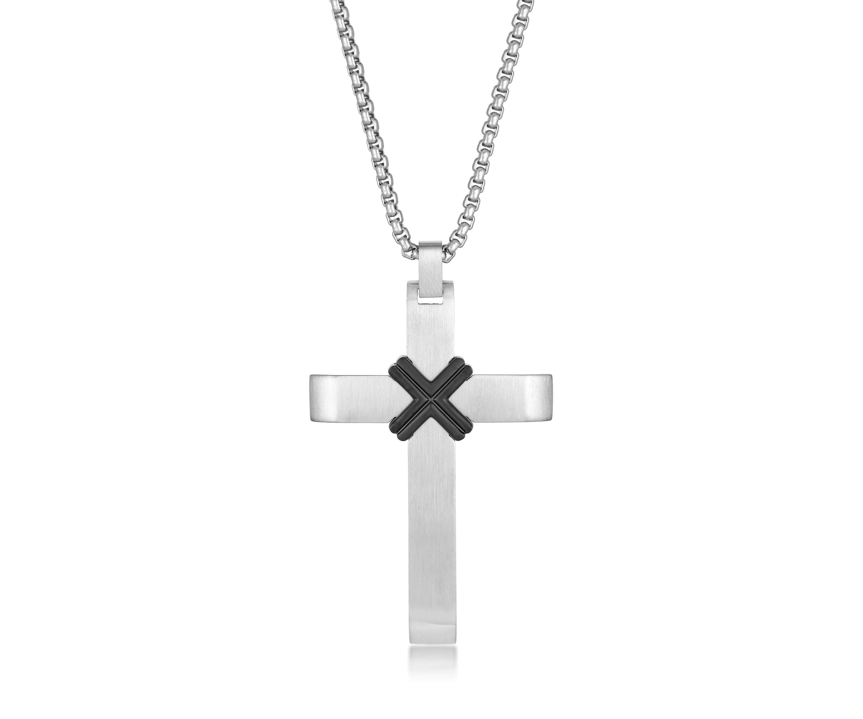 Stainless Steel Cross Pendant With Black Ip And 24" Round Box Chain