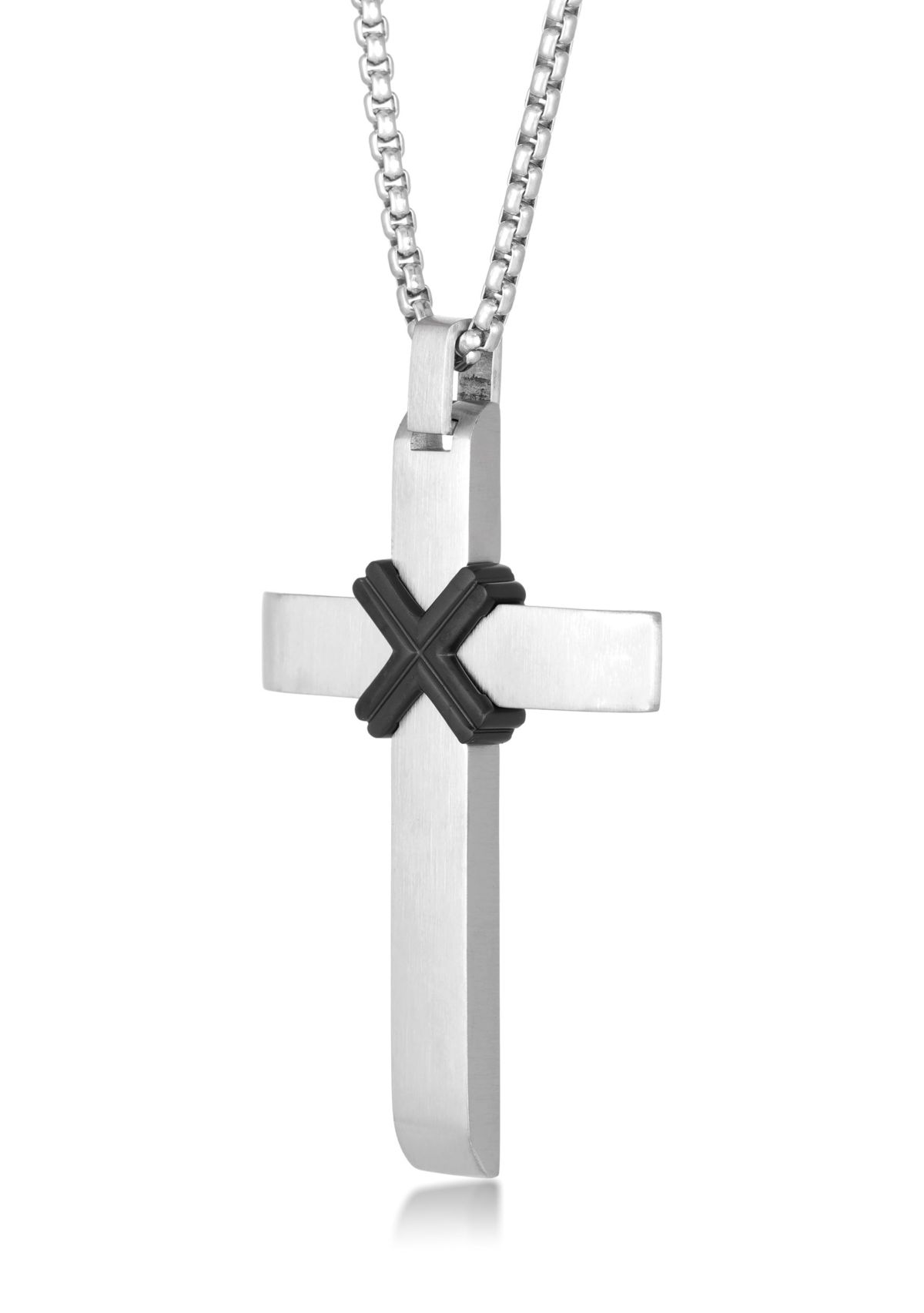 Stainless Steel Cross Pendant With Black Ip And 24" Round Box Chain