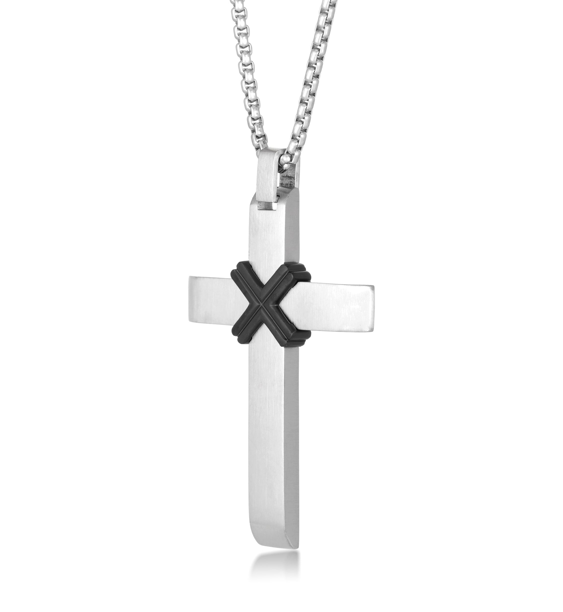 Stainless Steel Cross Pendant With Black Ip And 24" Round Box Chain