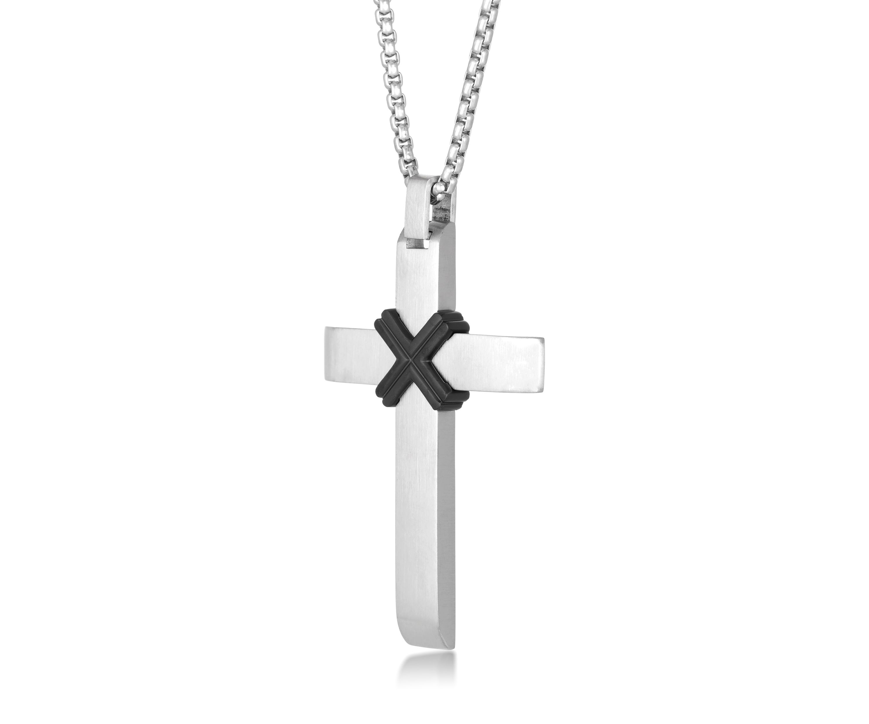 Stainless Steel Cross Pendant With Black Ip And 24" Round Box Chain