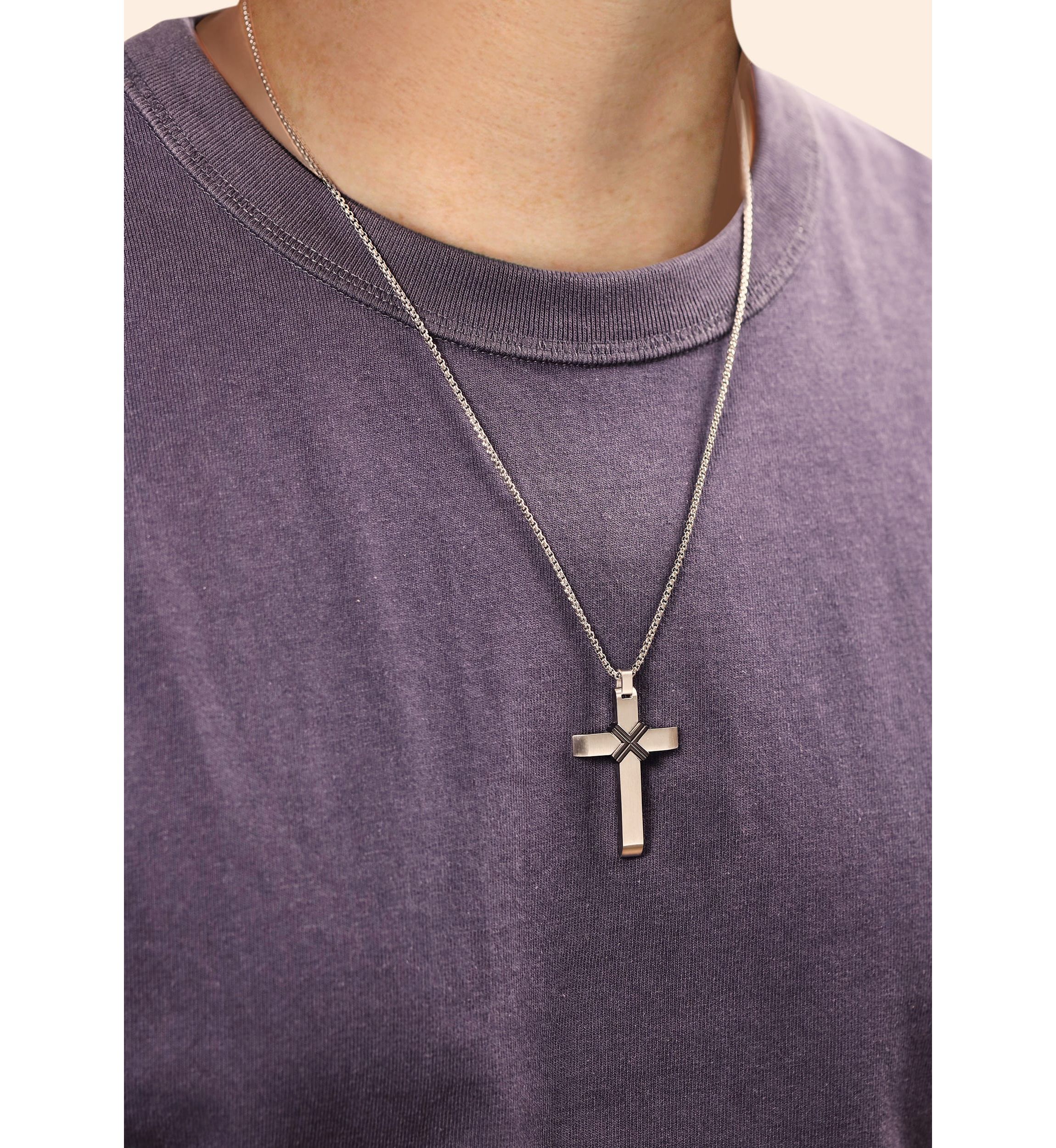Stainless Steel Cross Pendant With Black Ip And 24" Round Box Chain