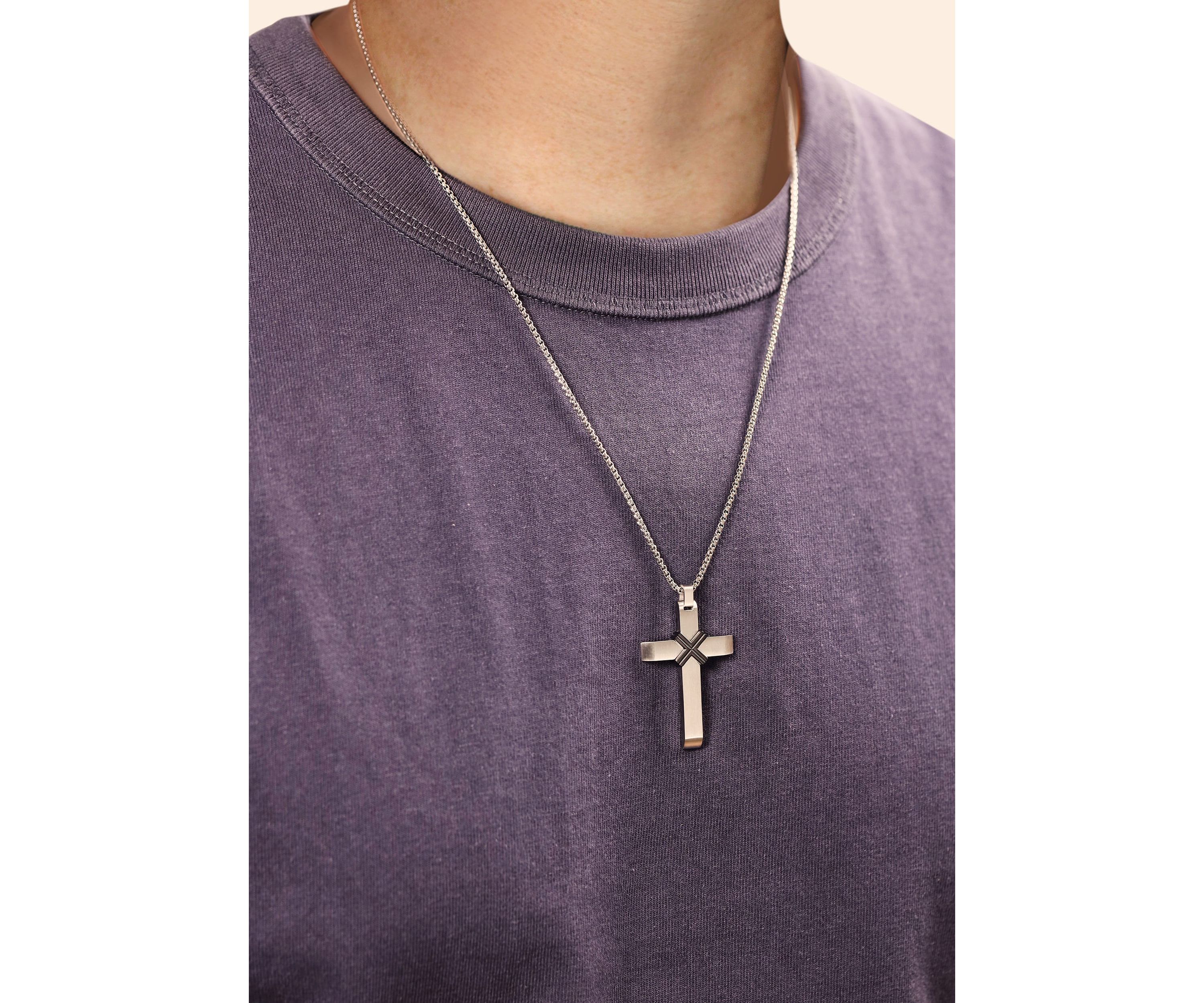 Stainless Steel Cross Pendant With Black Ip And 24" Round Box Chain