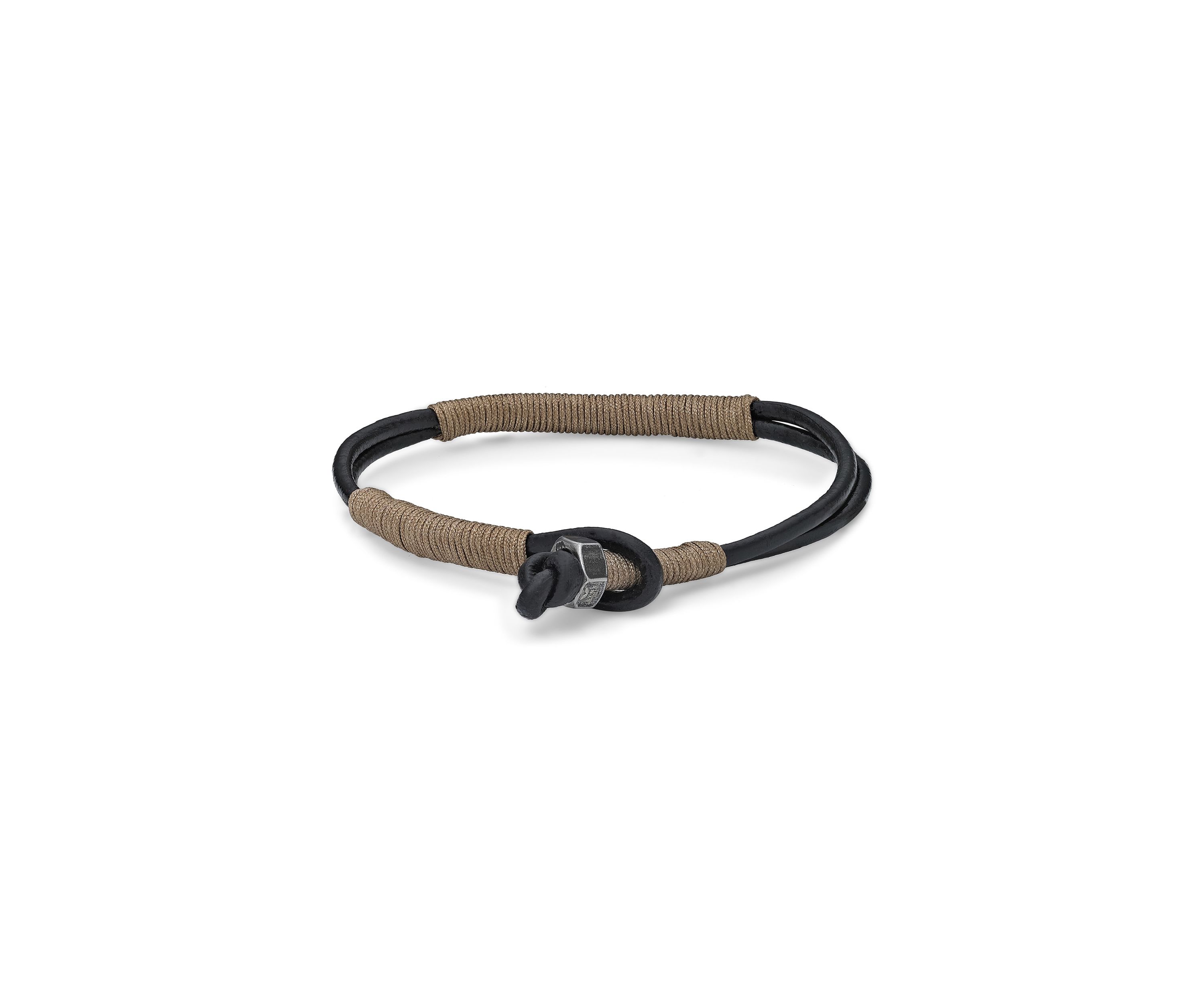 Stainless Steel and Black Leather Bracelet with Tan Cord