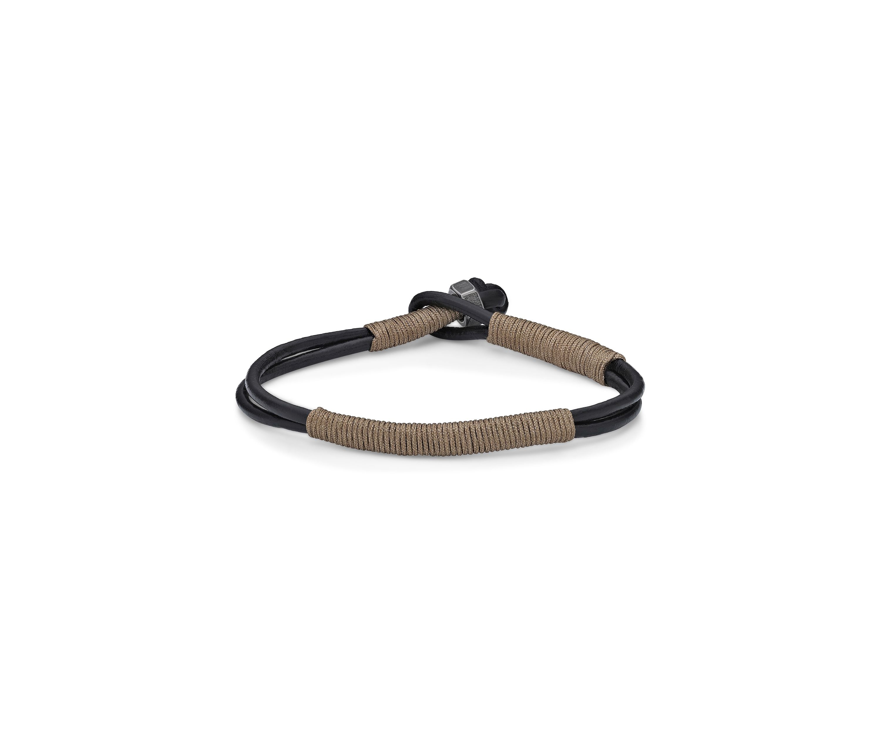 Stainless Steel and Black Leather Bracelet with Tan Cord