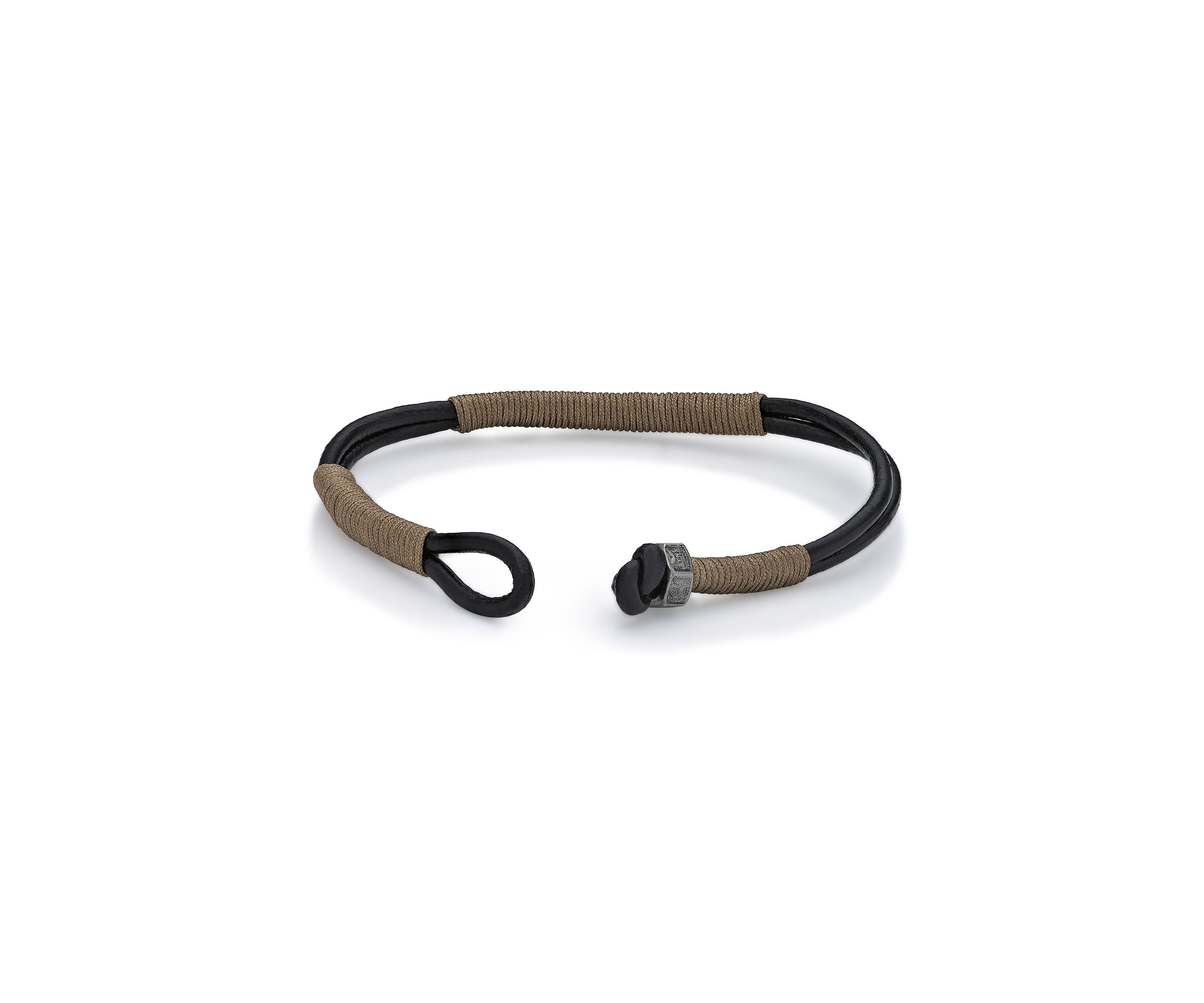 Stainless Steel and Black Leather Bracelet with Tan Cord