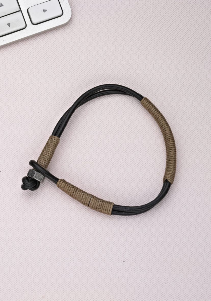 Stainless Steel and Black Leather Bracelet with Tan Cord