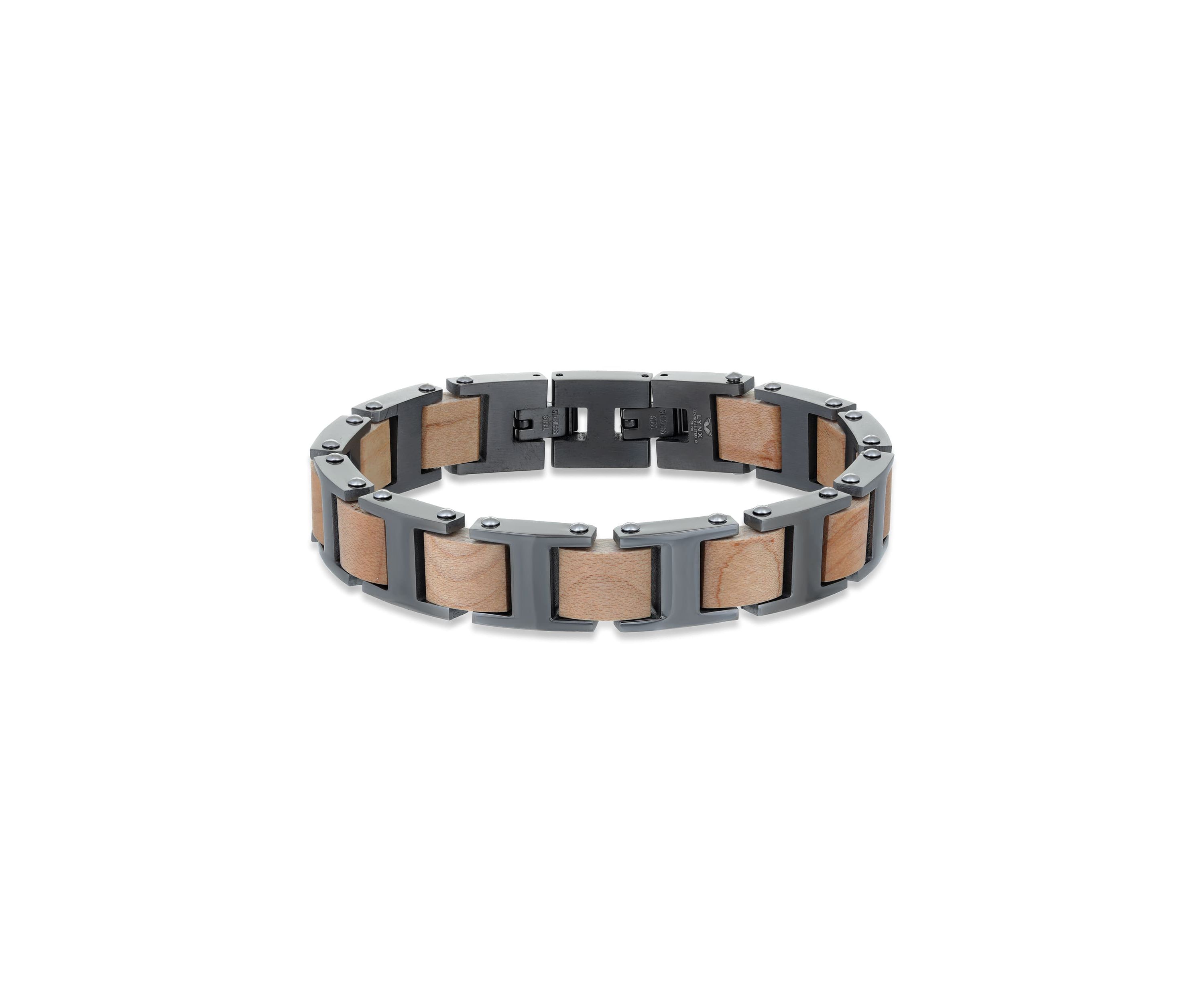Stainless Steel And Wood Bracelet With Gun Metal Gray Ip