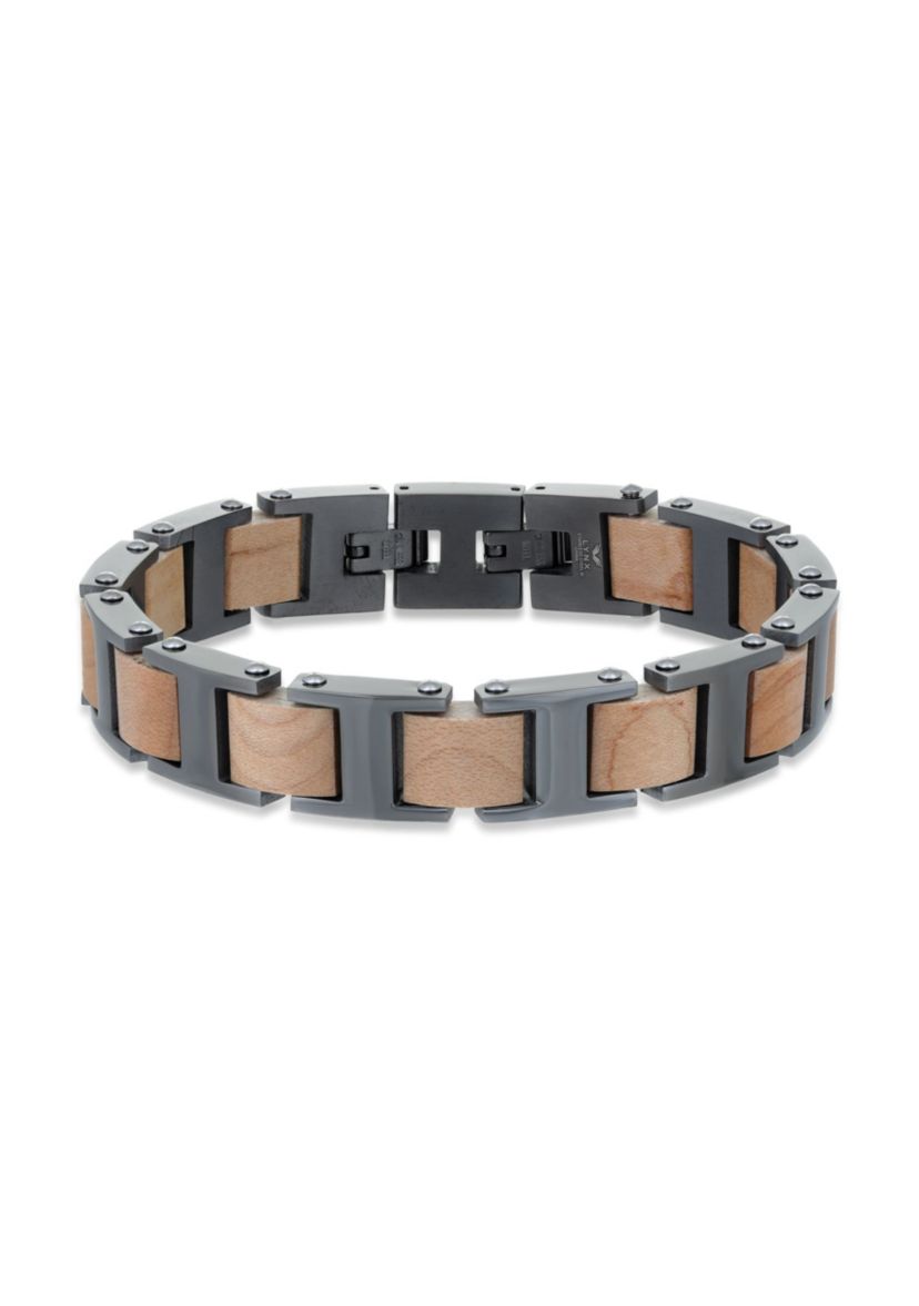Stainless Steel And Wood Bracelet With Gun Metal Gray Ip
