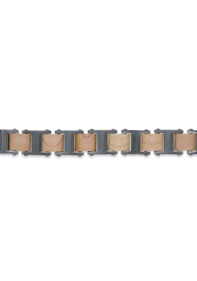 Stainless Steel And Wood Bracelet With Gun Metal Gray Ip