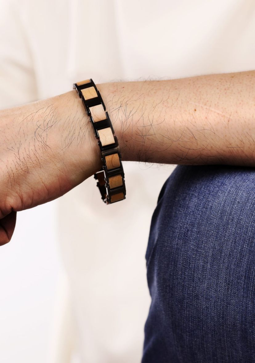 Stainless Steel And Wood Bracelet With Gun Metal Gray Ip