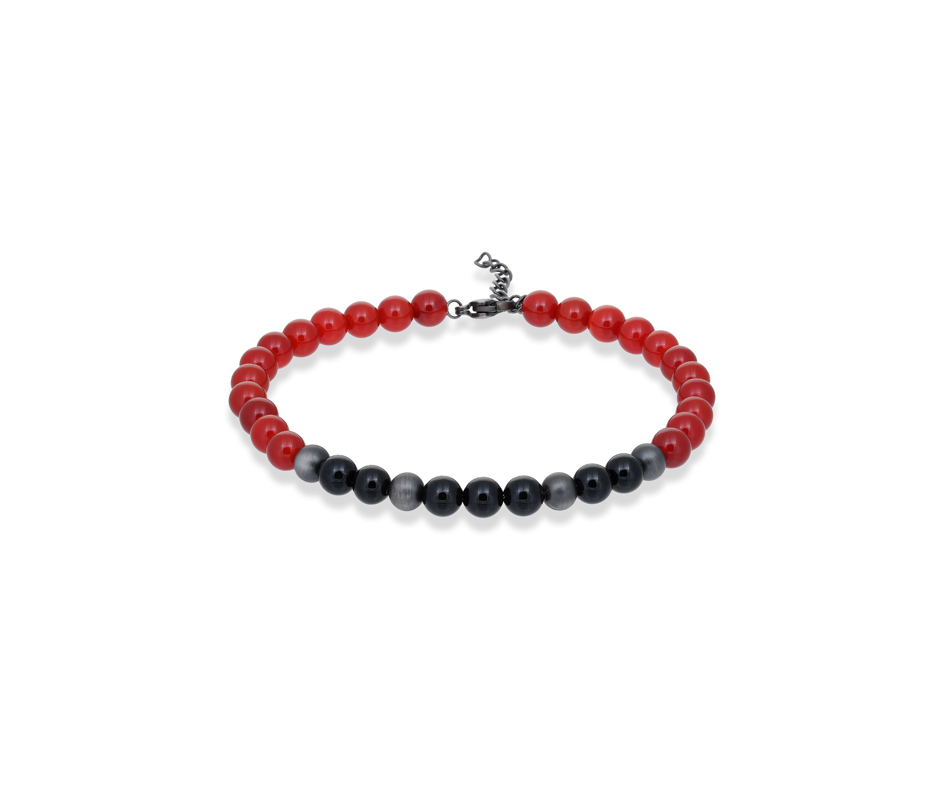Gun Metal Gray Stainless Steel And Red & Black Agate   Bracelet