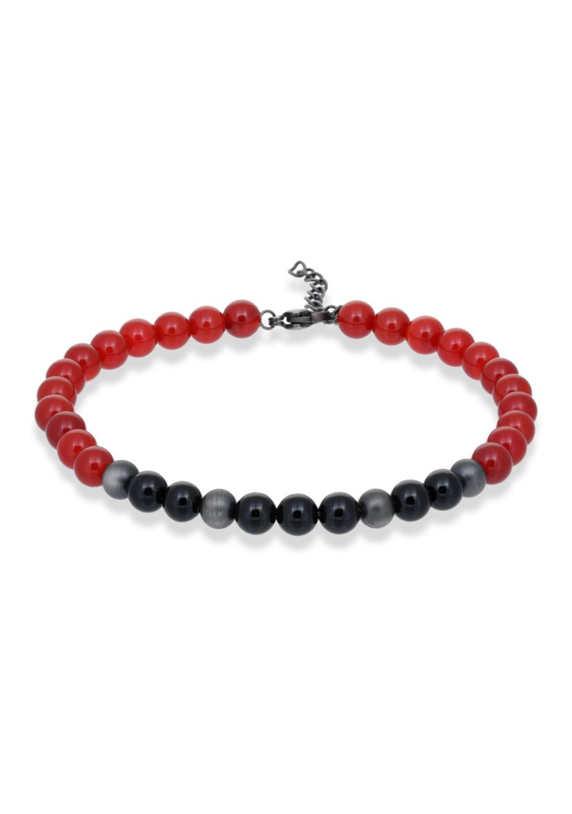 Gun Metal Gray Stainless Steel And Red & Black Agate   Bracelet