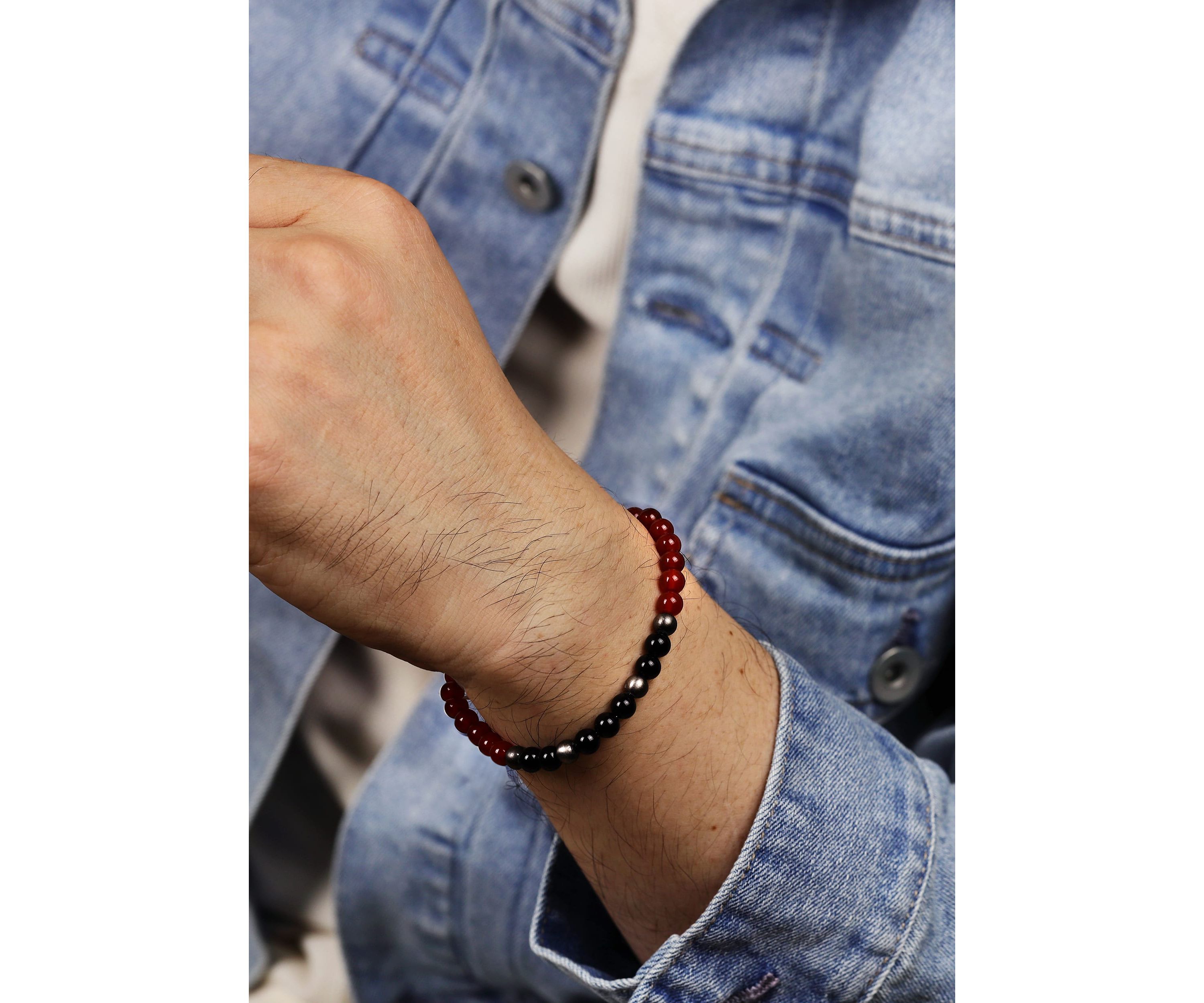 Gun Metal Gray Stainless Steel And Red & Black Agate   Bracelet