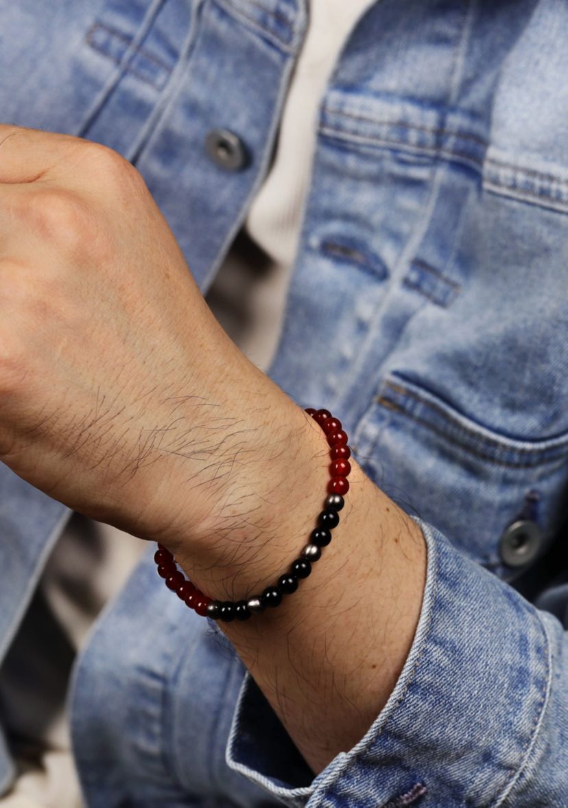 Gun Metal Gray Stainless Steel And Red & Black Agate   Bracelet