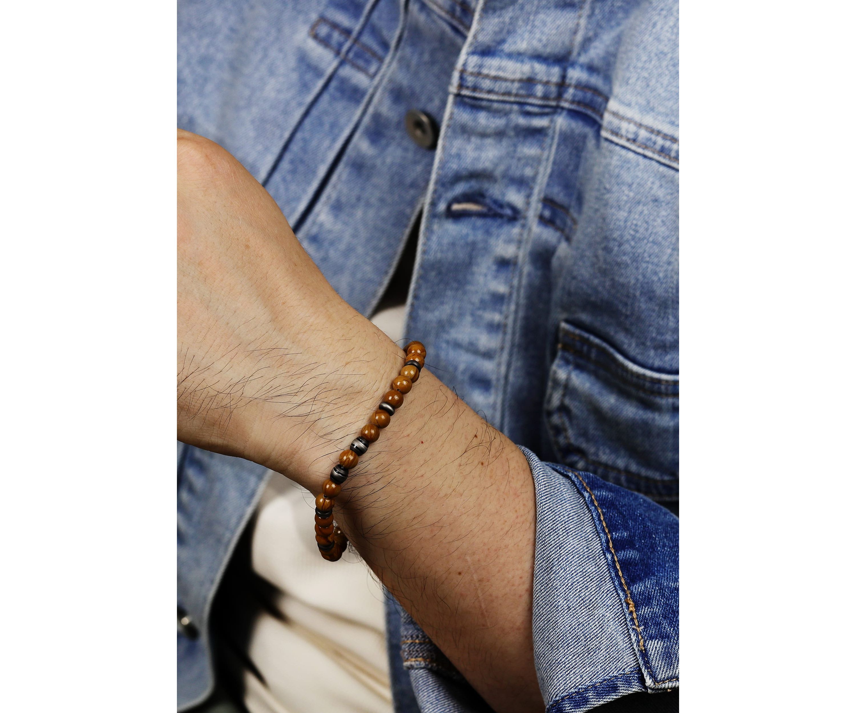 Gun Metal Gray Stainless Steel And Grain Stone  Bracelet
