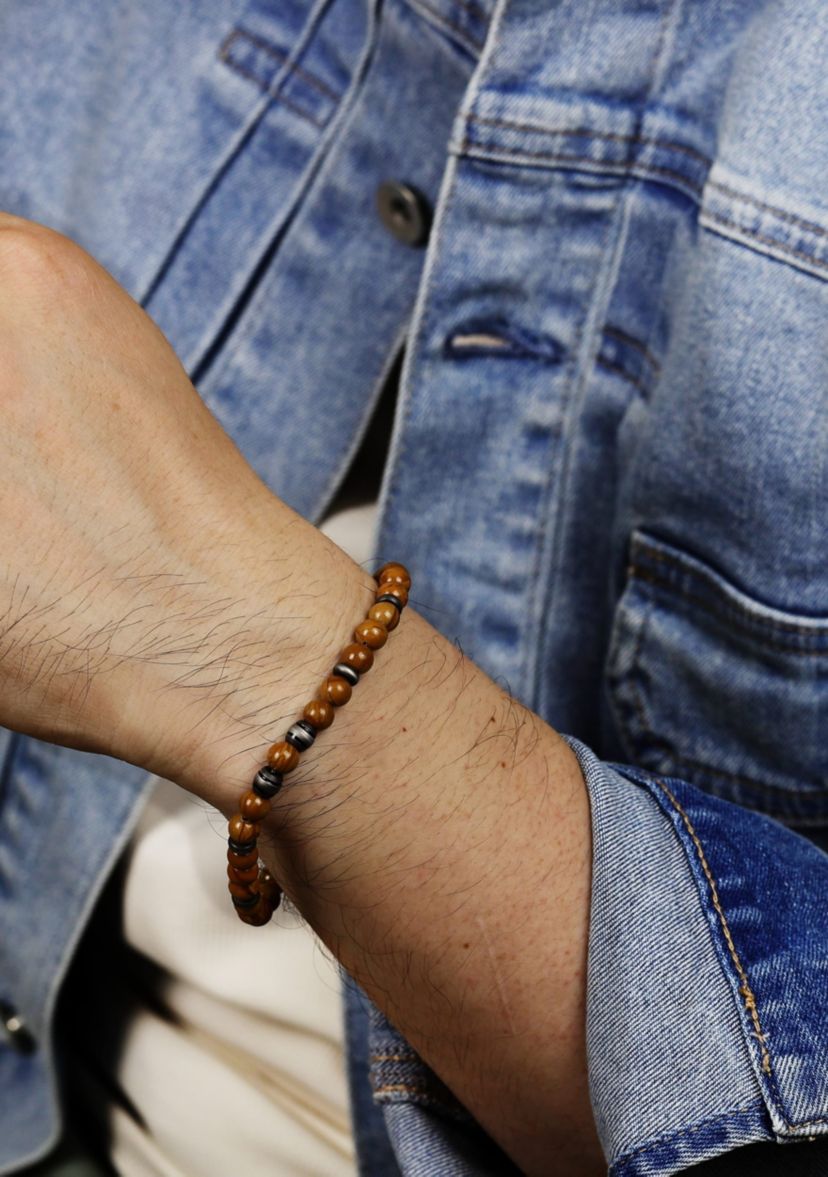Gun Metal Gray Stainless Steel And Grain Stone  Bracelet