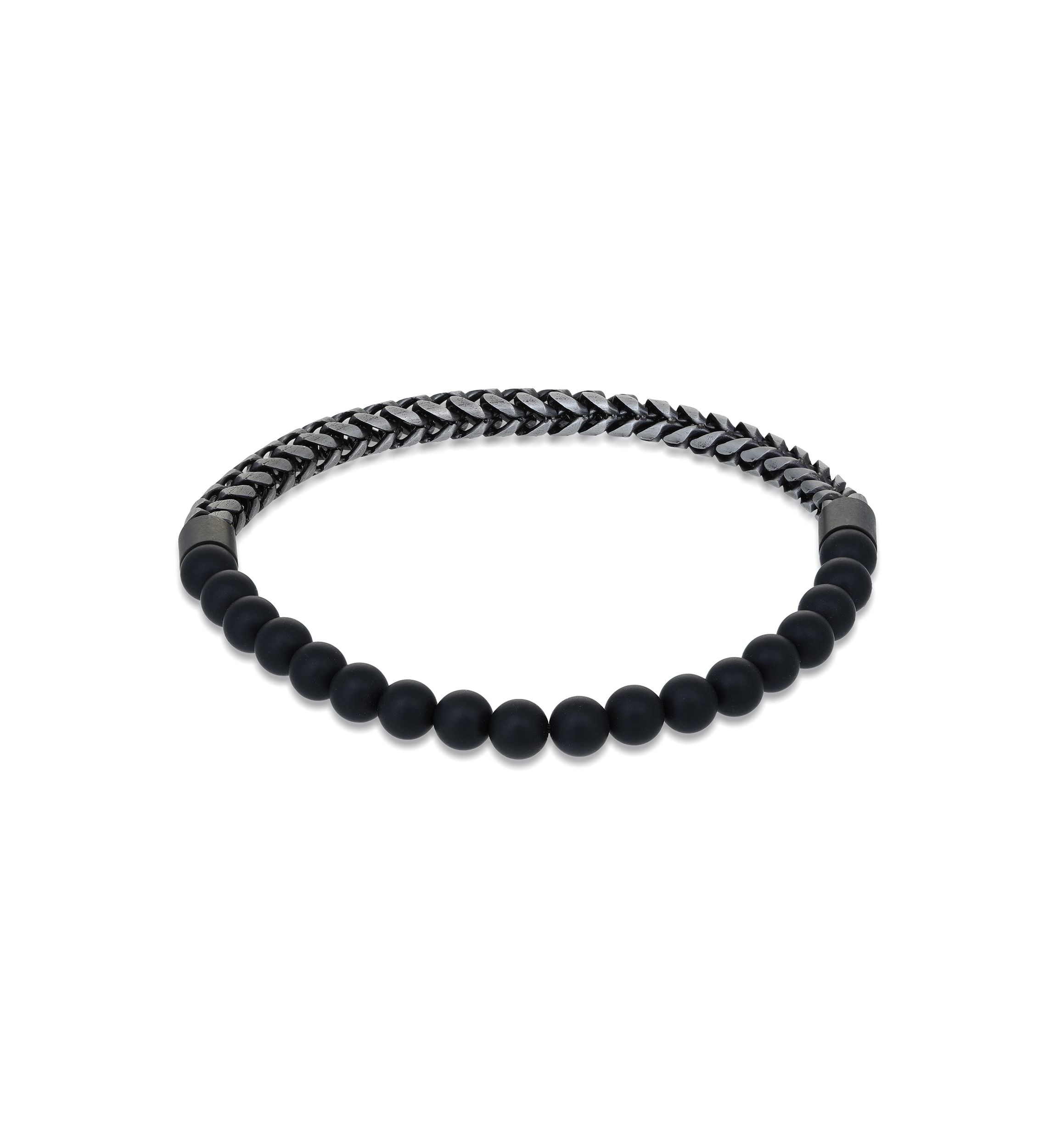 Gun Metal Gray Stainless Steel And Matte Black Agate  Stretch Bracelet