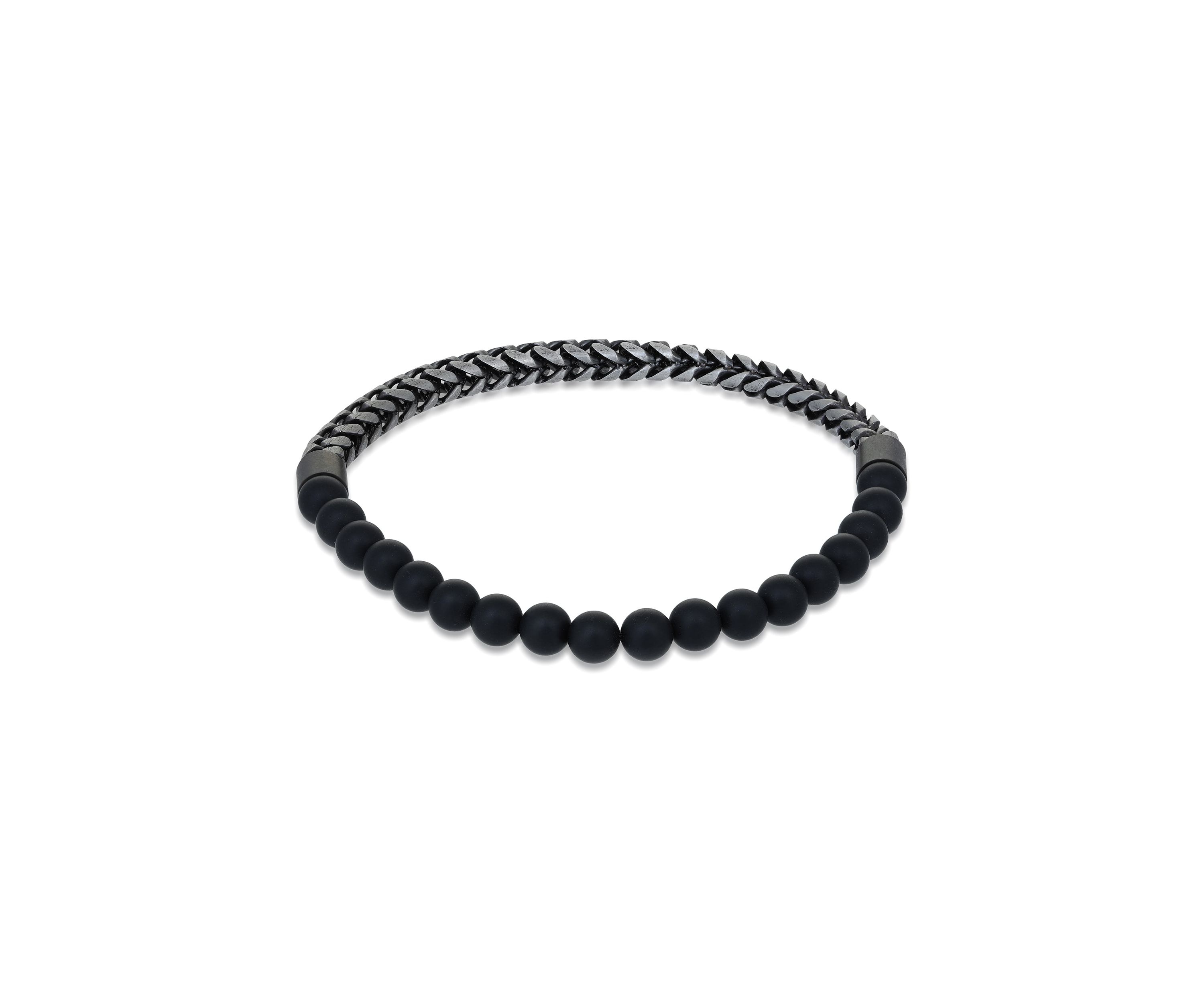 Gun Metal Gray Stainless Steel And Matte Black Agate  Stretch Bracelet