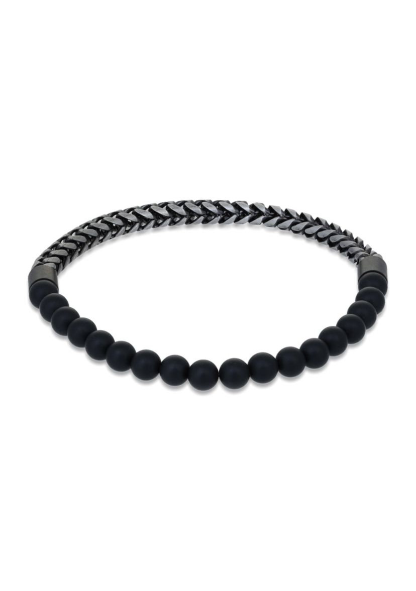 Gun Metal Gray Stainless Steel And Matte Black Agate  Stretch Bracelet