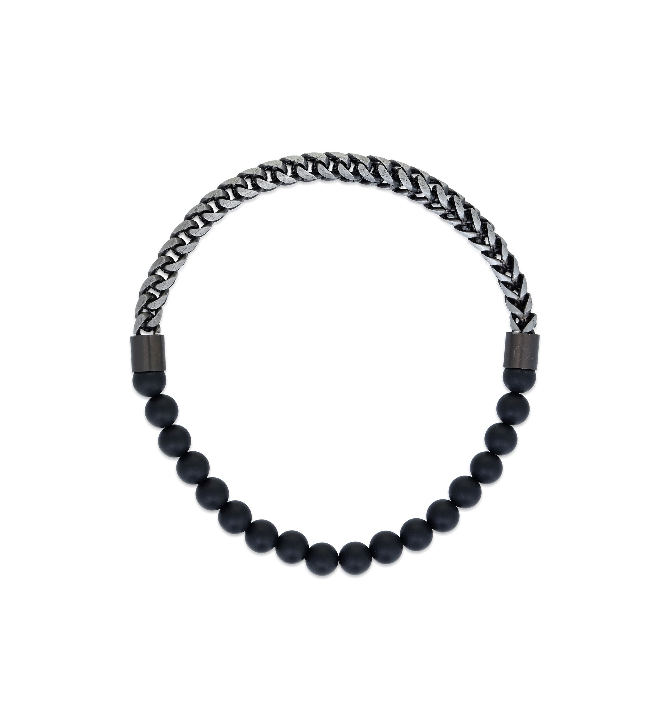 Gun Metal Gray Stainless Steel And Matte Black Agate  Stretch Bracelet