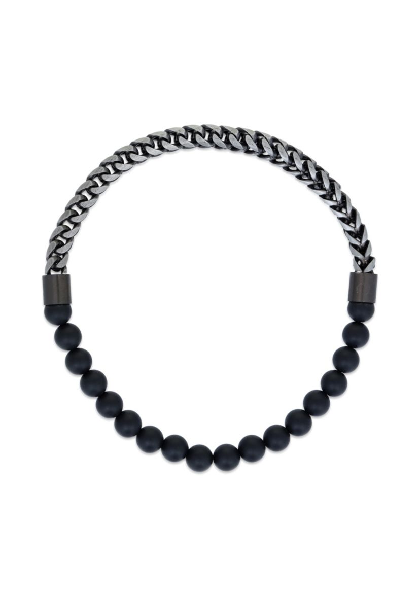 Gun Metal Gray Stainless Steel And Matte Black Agate  Stretch Bracelet