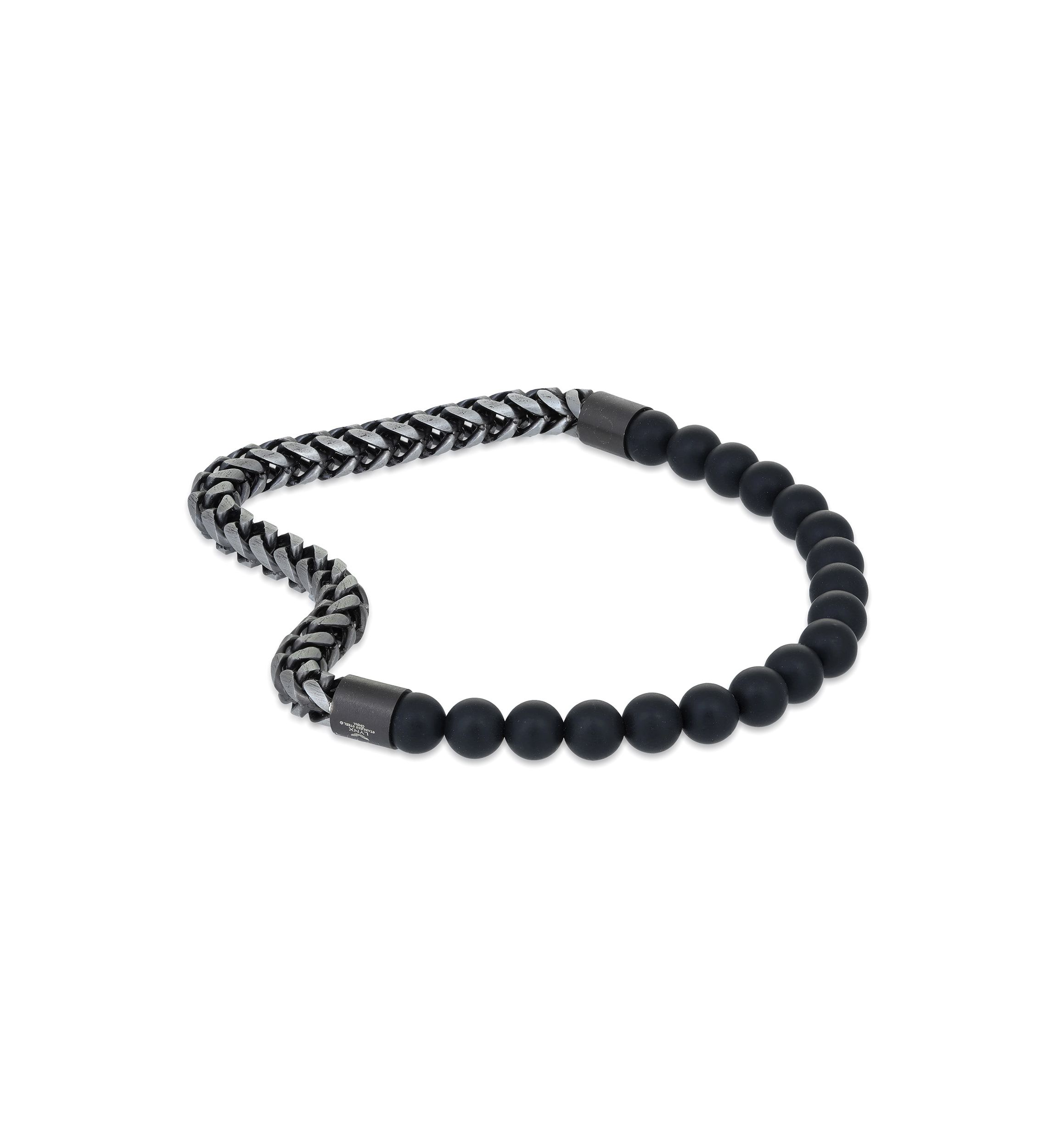 Gun Metal Gray Stainless Steel And Matte Black Agate  Stretch Bracelet