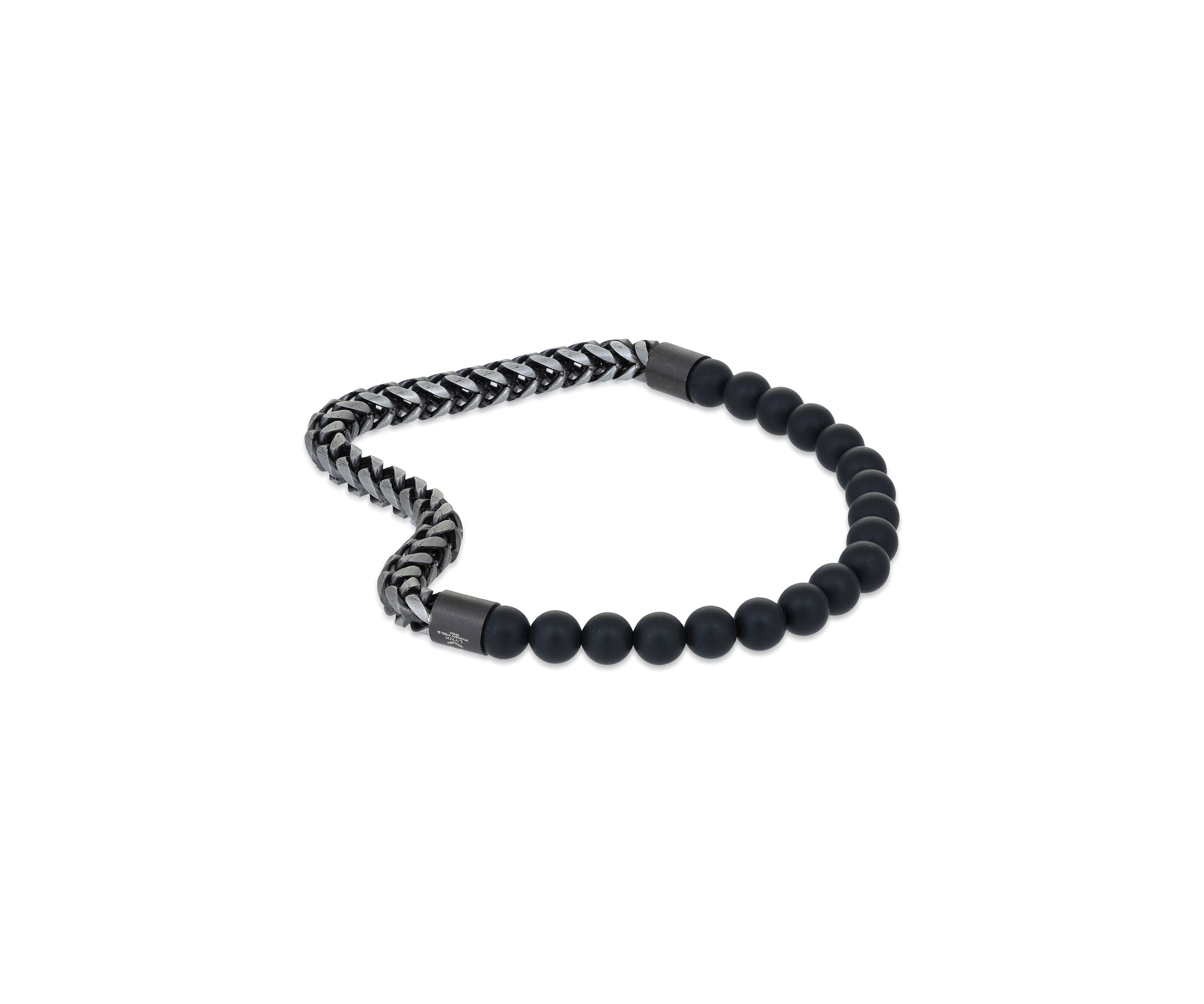 Gun Metal Gray Stainless Steel And Matte Black Agate  Stretch Bracelet