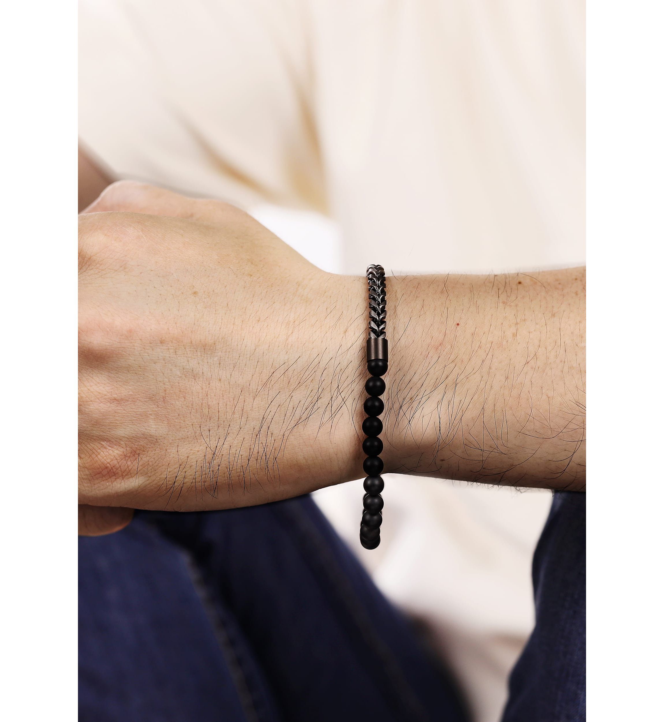 Gun Metal Gray Stainless Steel And Matte Black Agate  Stretch Bracelet