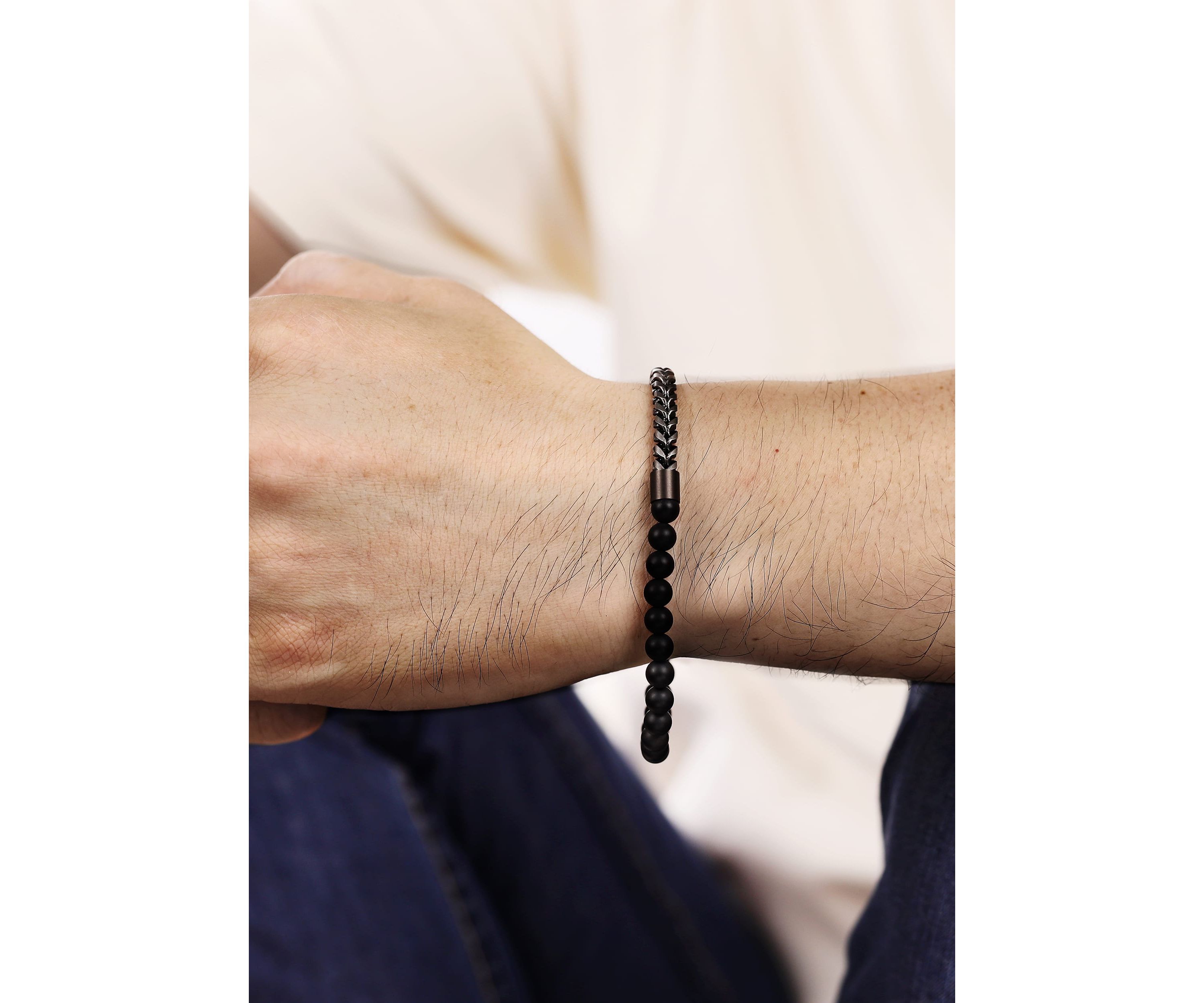 Gun Metal Gray Stainless Steel And Matte Black Agate  Stretch Bracelet