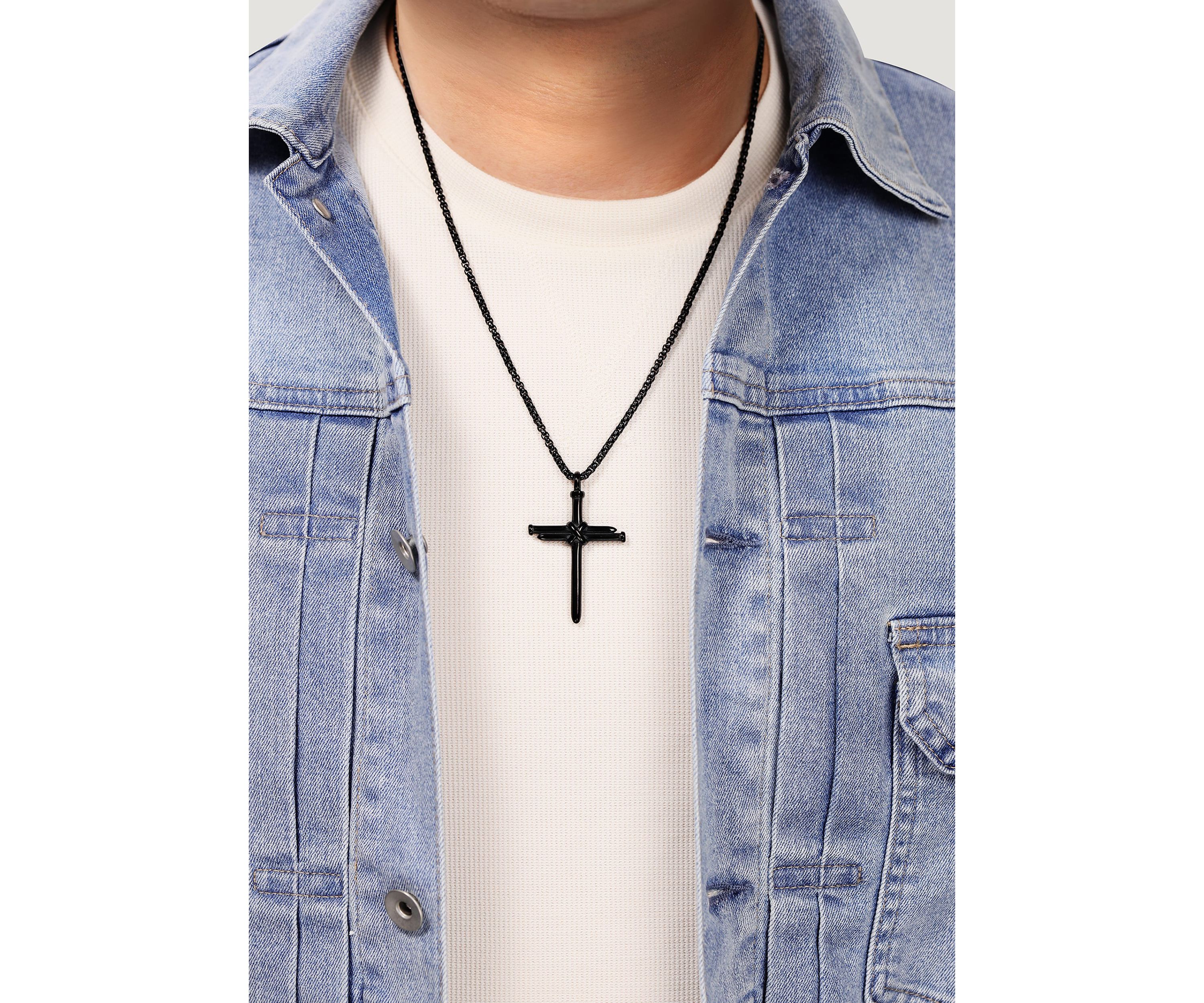 Stainless Steel Cross Pendant with Black Ip and 24" Round Box Chain