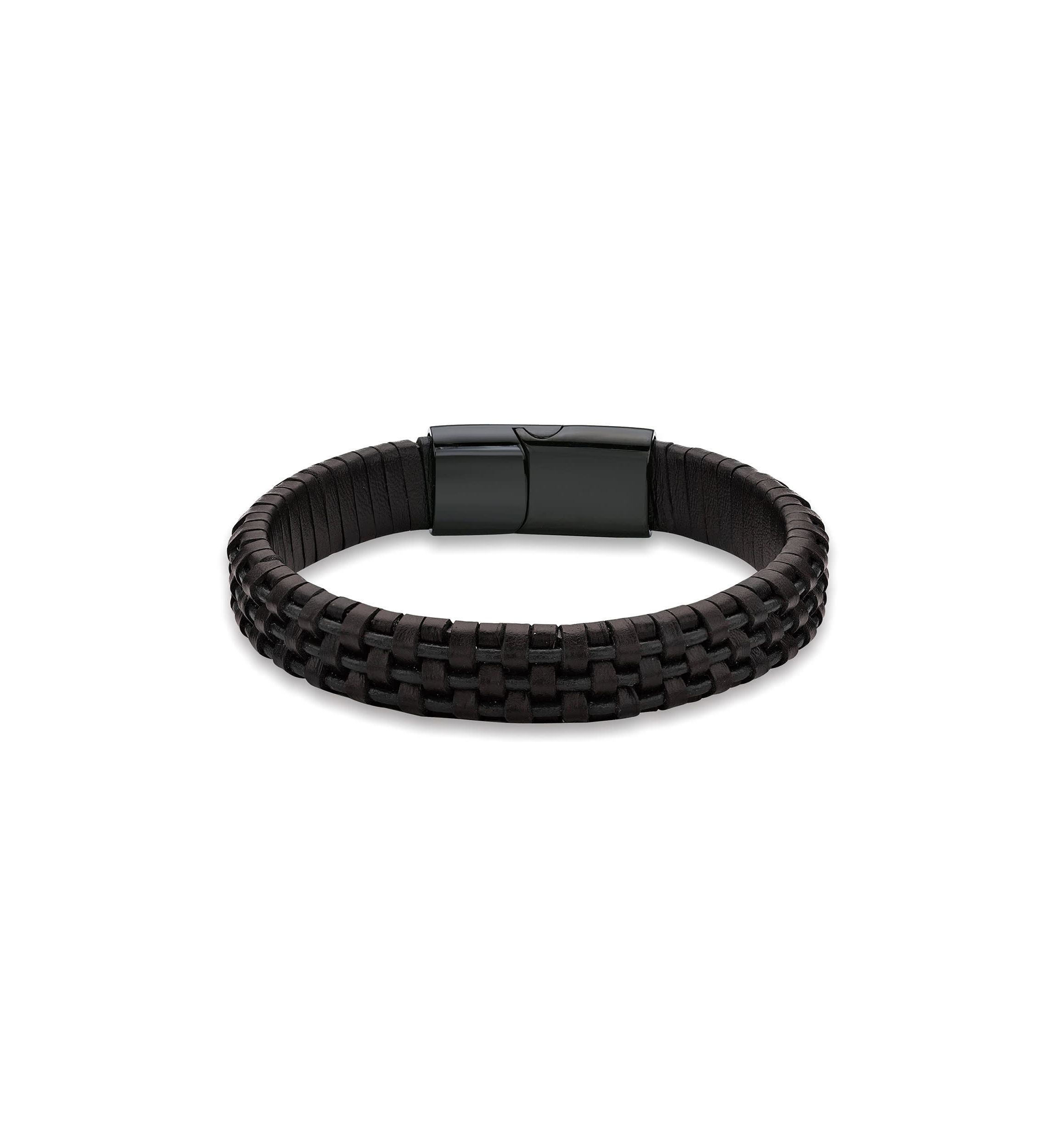 Stainless Steel and Black Leather Bracelet with Blue Wire and Black Ip