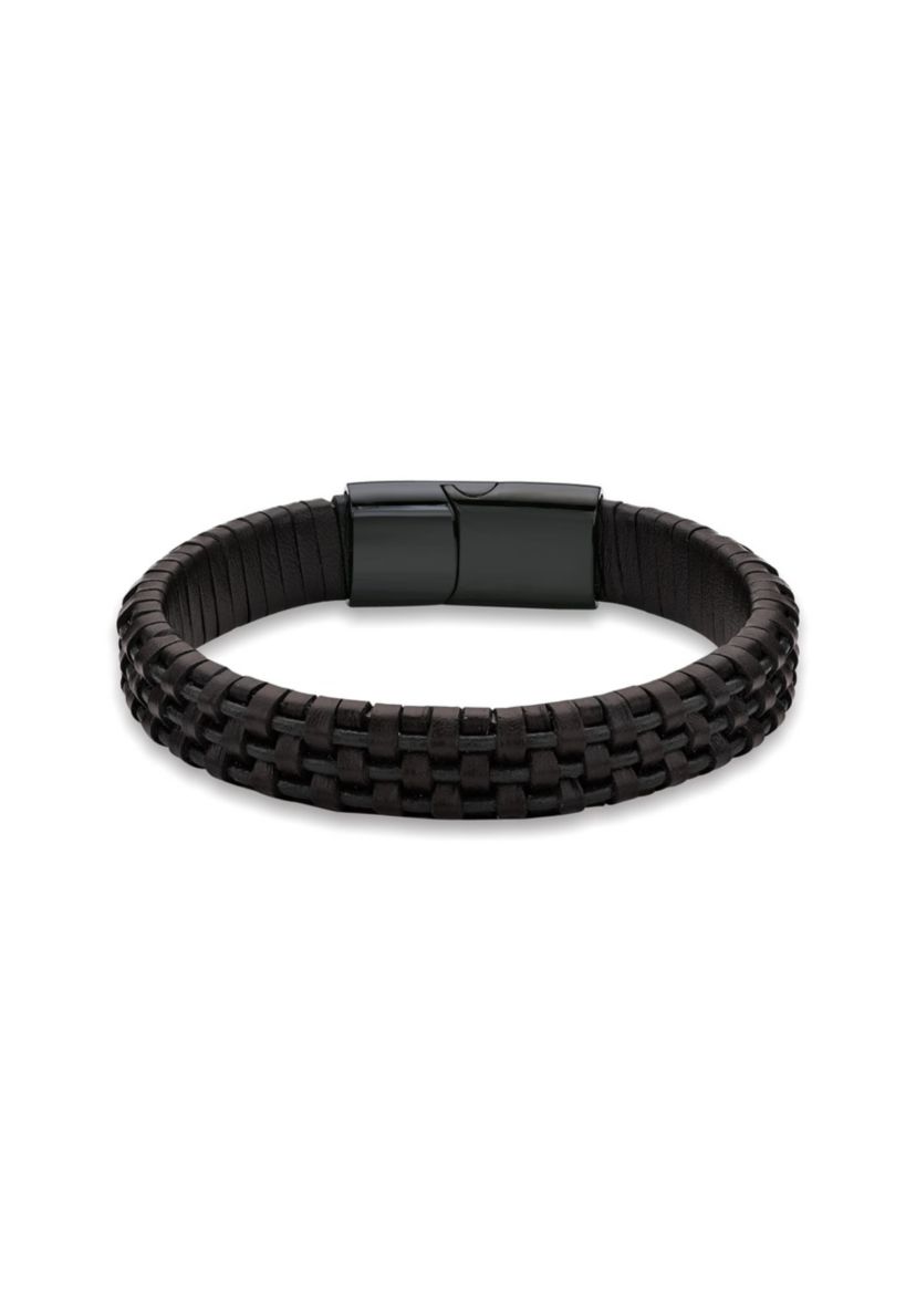 Stainless Steel and Black Leather Bracelet with Blue Wire and Black Ip