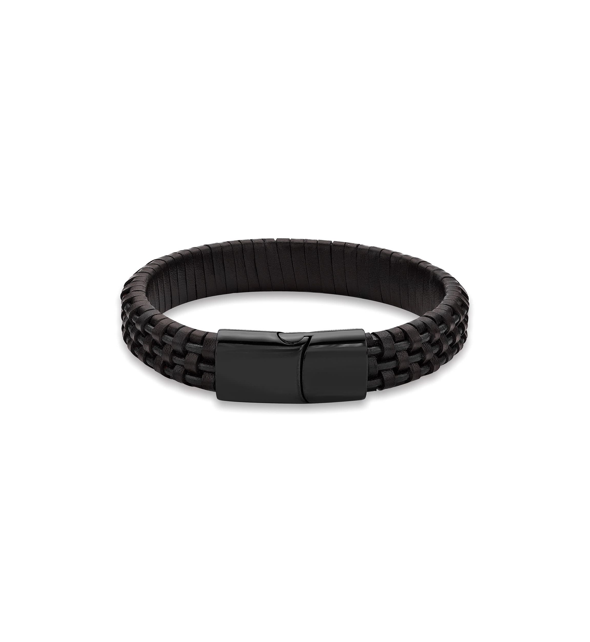 Stainless Steel and Black Leather Bracelet with Blue Wire and Black Ip