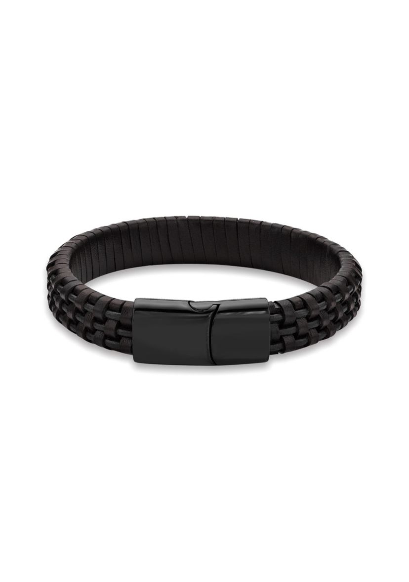 Stainless Steel and Black Leather Bracelet with Blue Wire and Black Ip