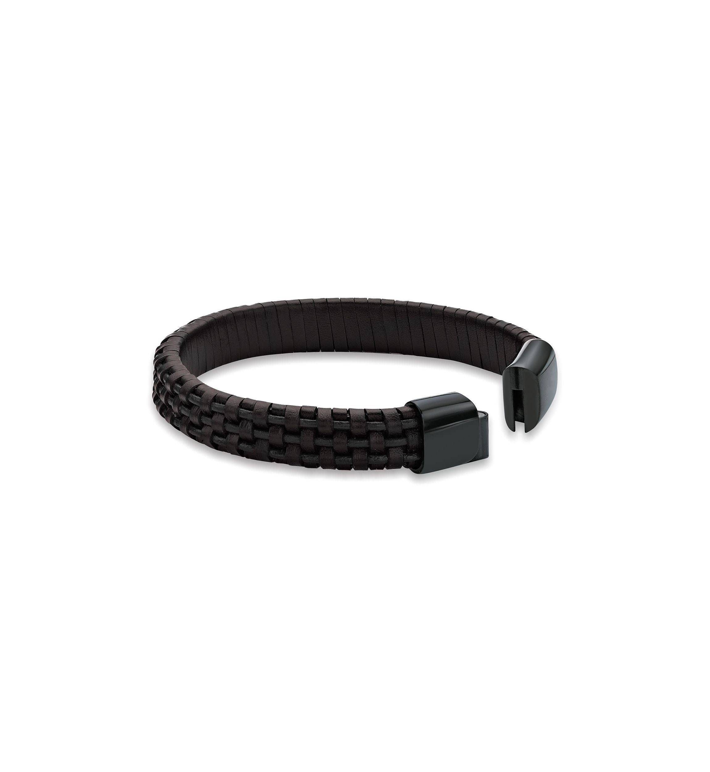 Stainless Steel and Black Leather Bracelet with Blue Wire and Black Ip