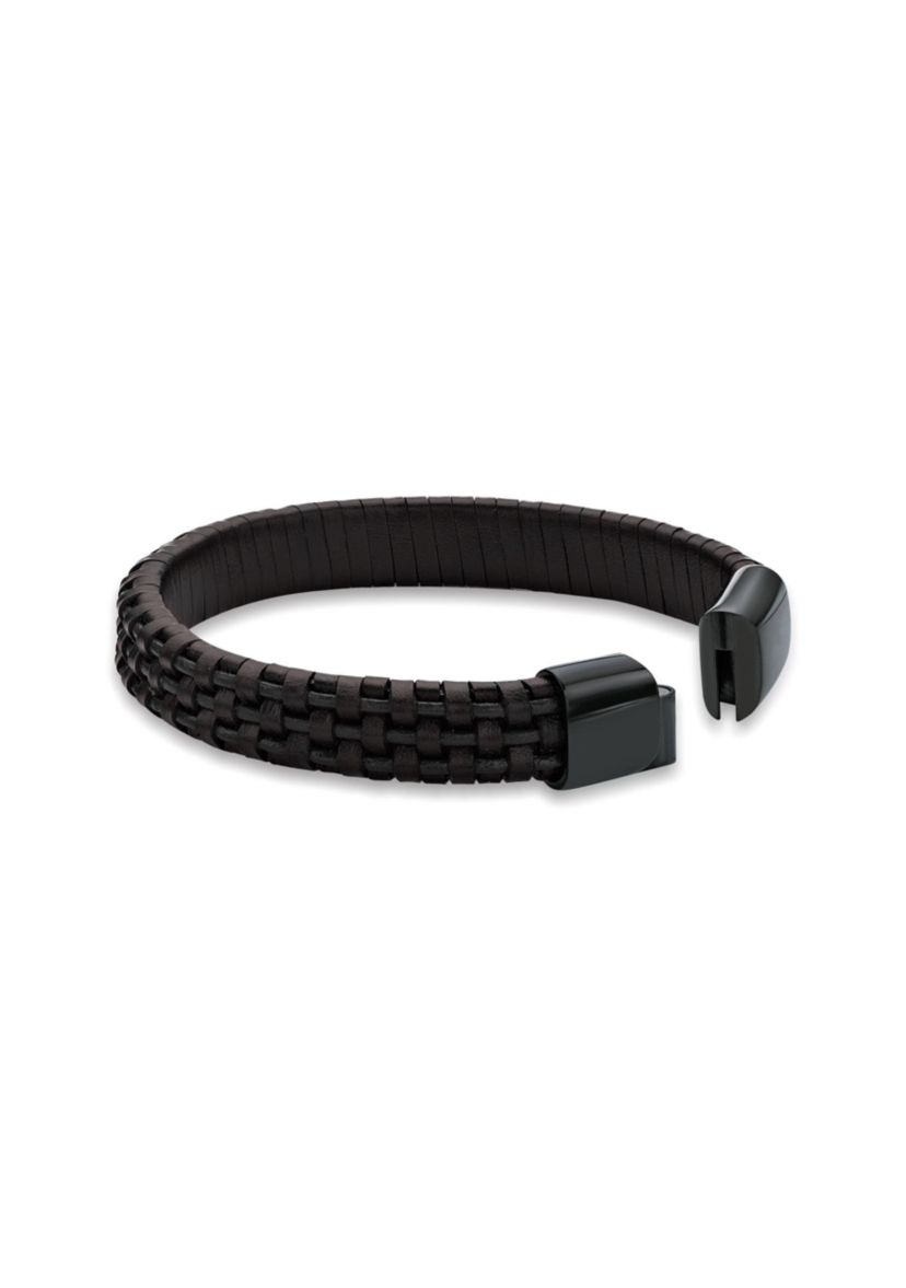 Stainless Steel and Black Leather Bracelet with Blue Wire and Black Ip
