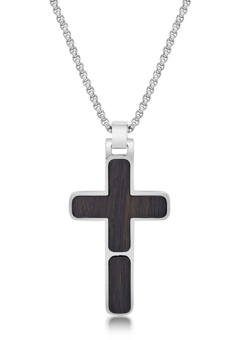 Stainless Steel and Wood Cross Pendant with 24" Round Box Chain