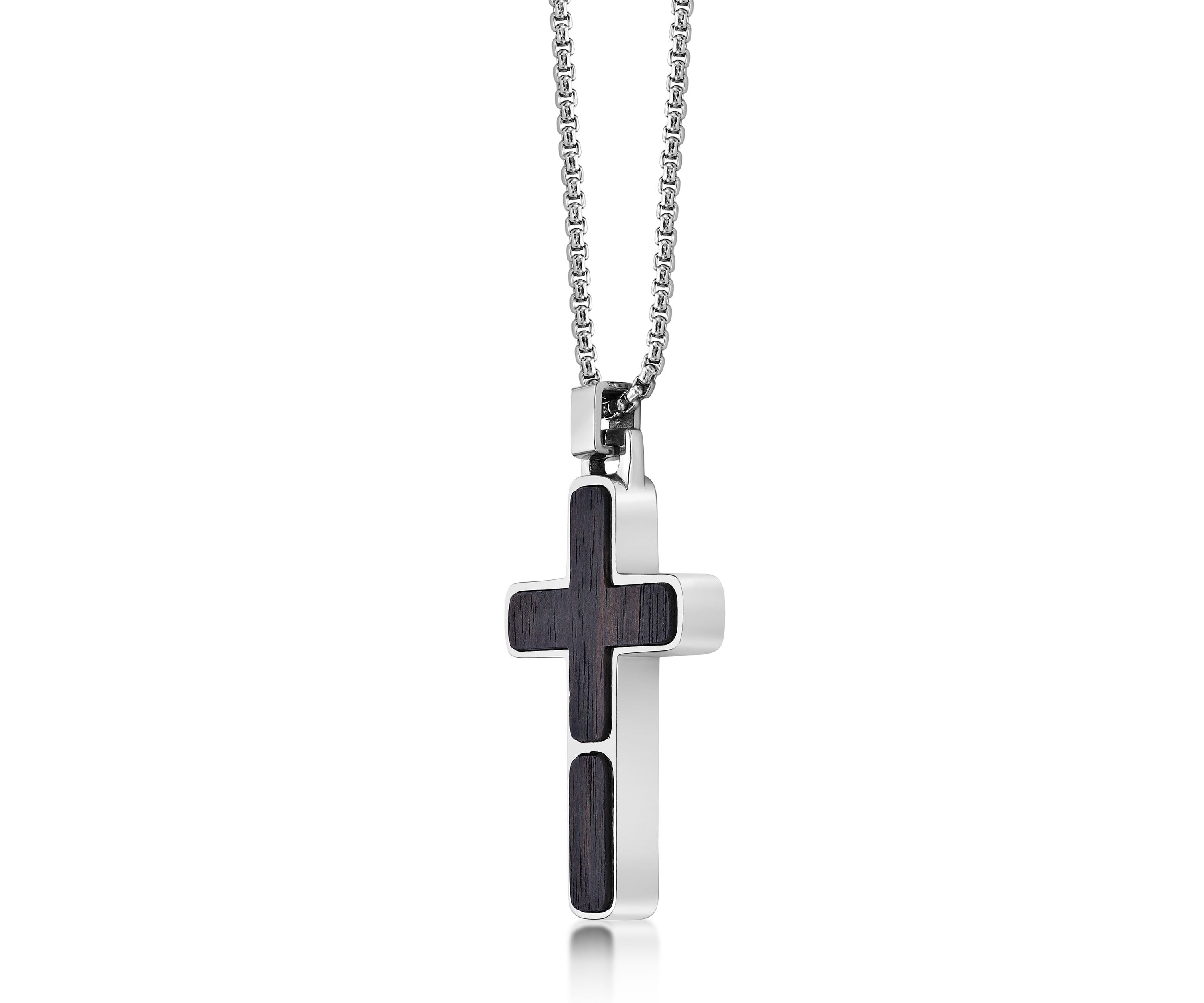 Stainless Steel and Wood Cross Pendant with 24" Round Box Chain