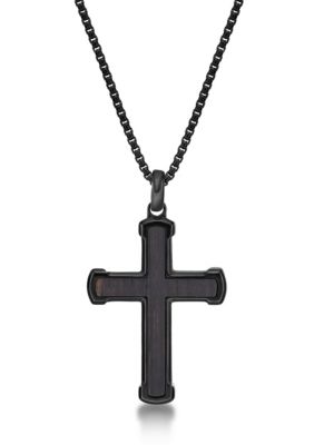 LYNX Men's Stainless Steel and Ebony Wood Cross Pendant with Black Ip 24" Round Box Chain, 24 in