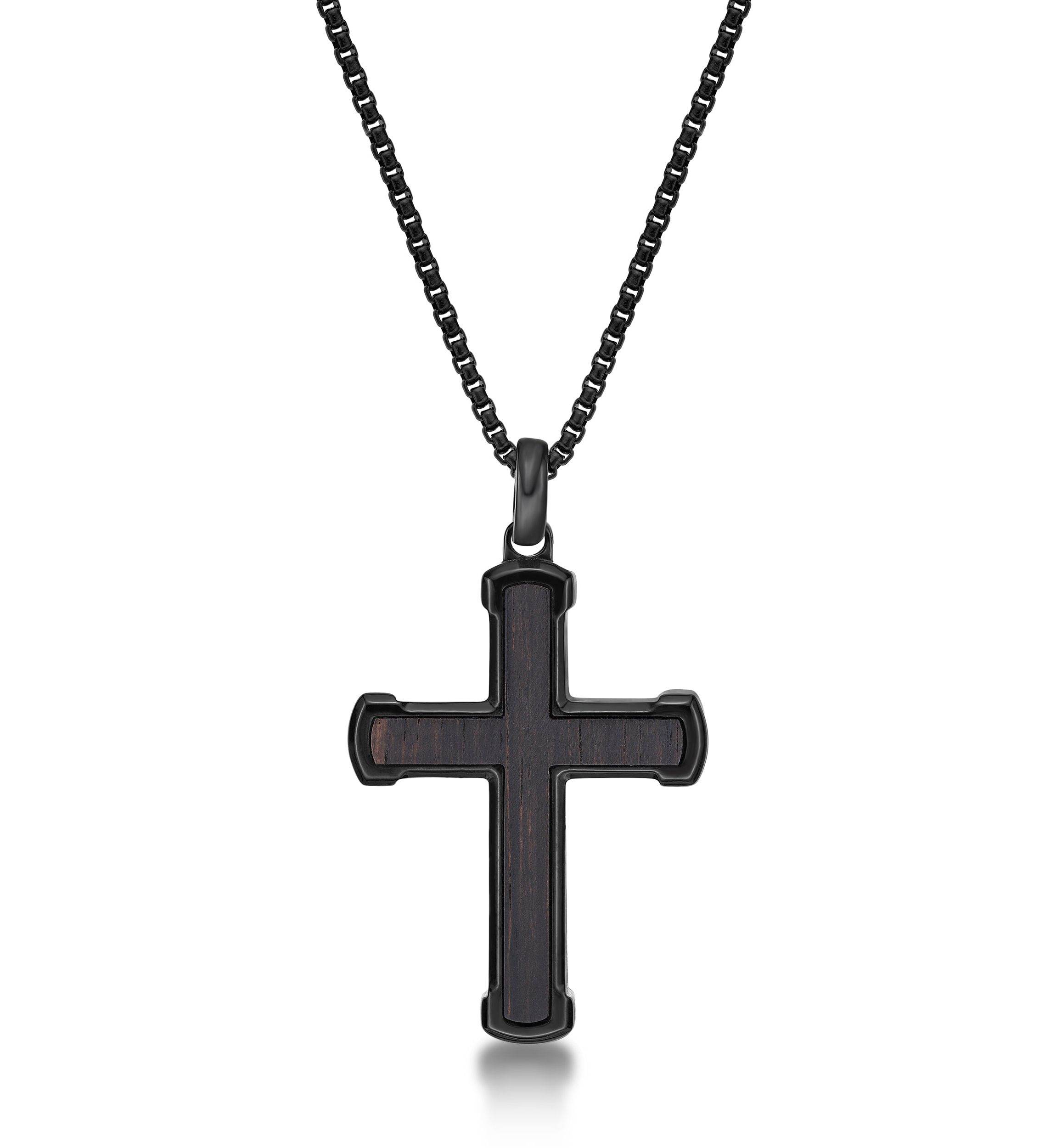 Stainless Steel and Ebony Wood Cross Pendant with Black Ip 24" Round Box Chain