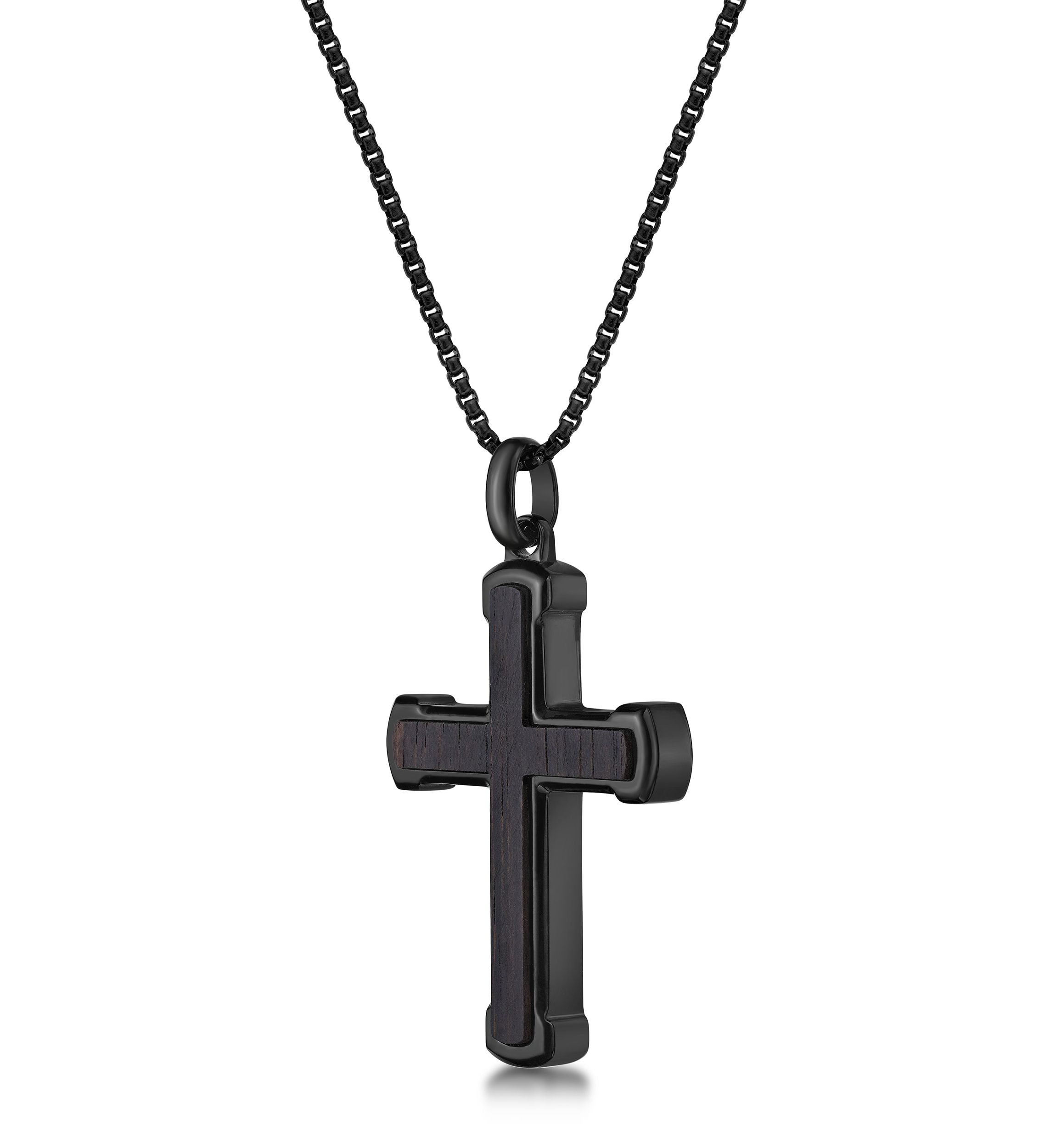 Stainless Steel and Ebony Wood Cross Pendant with Black Ip 24" Round Box Chain