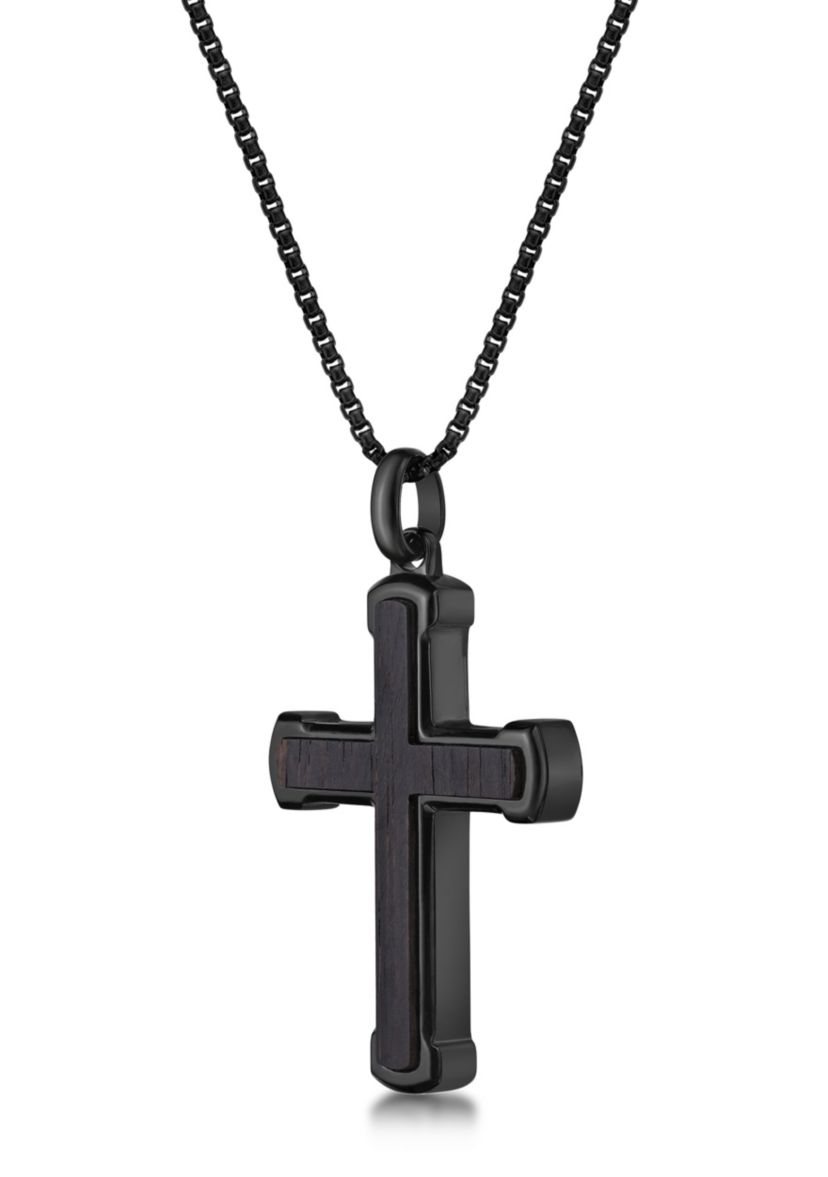 Stainless Steel and Ebony Wood Cross Pendant with Black Ip 24" Round Box Chain