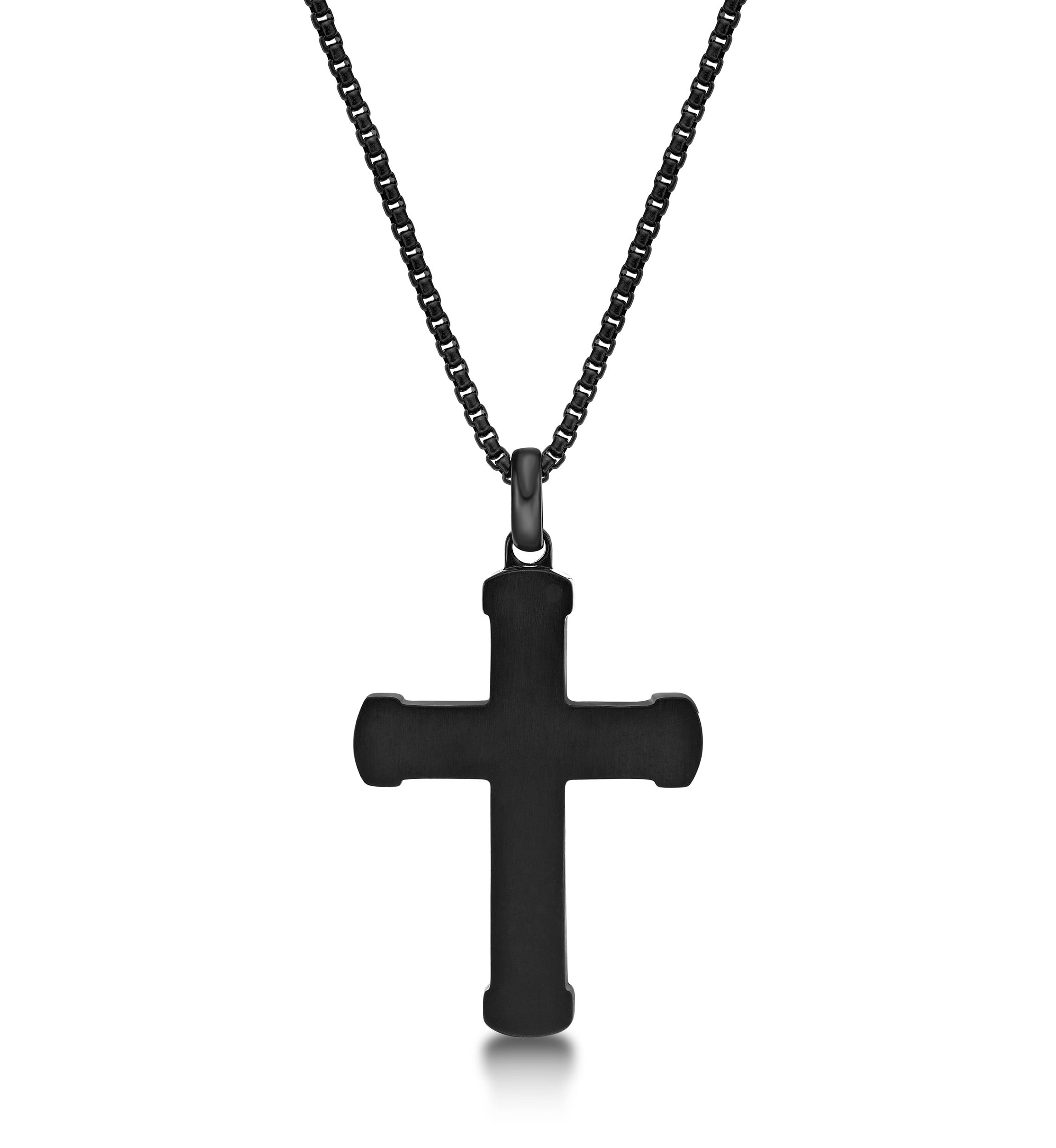 Stainless Steel and Ebony Wood Cross Pendant with Black Ip 24" Round Box Chain