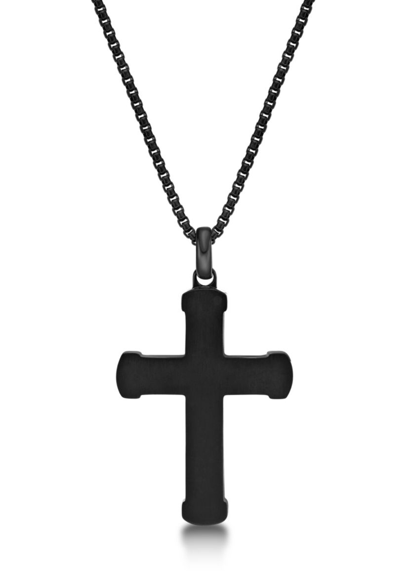 Stainless Steel and Ebony Wood Cross Pendant with Black Ip 24" Round Box Chain