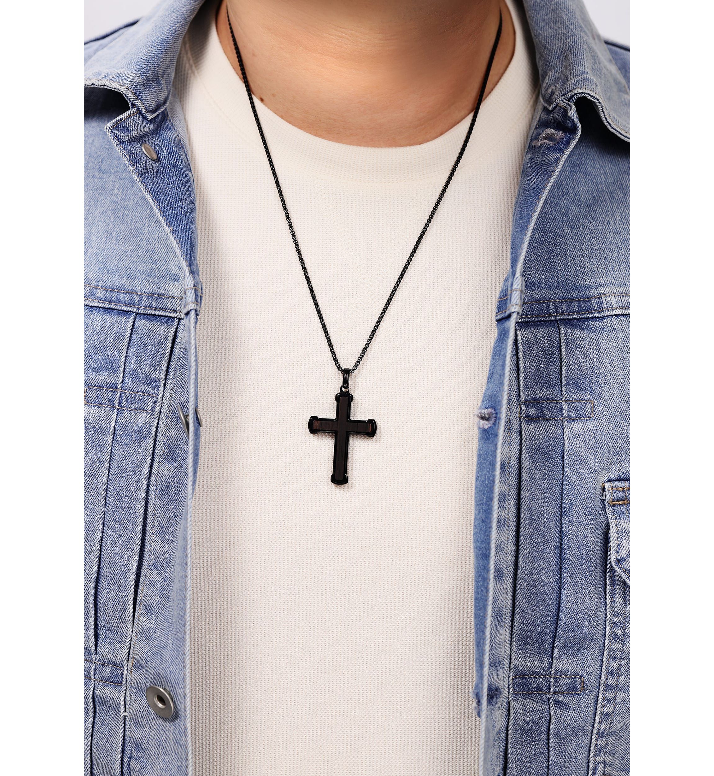 Stainless Steel and Ebony Wood Cross Pendant with Black Ip 24" Round Box Chain